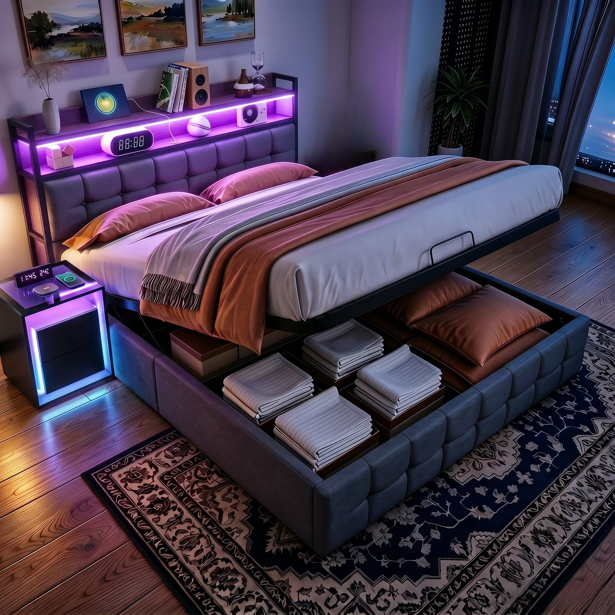 PXloue Polsterbett LED hydraulisches Doppelbett Stauraumbett (inkl. Hydraulisch anhebbarer Bettstauraum), mit USB-Laden und Stauraum am Kopfteil,Leinen,140x200 cm