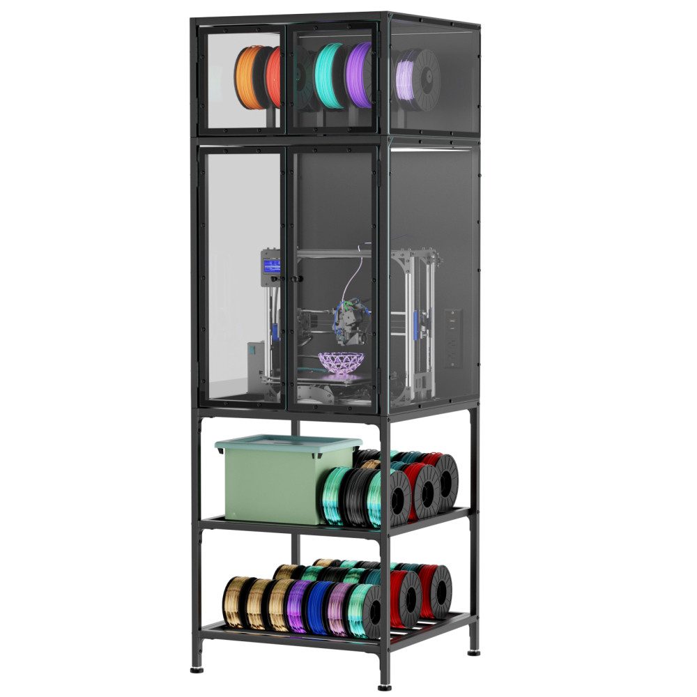 BBG Standhalterung 3D-Drucker Schrank mit Filamentregal & Geräuschdämmung, (Staubdichtes Druckergehäuse mit T-Filamenthalter, XXL Stauraum, Metallrahmen bis 63.5 kg – für Studio & Büro)