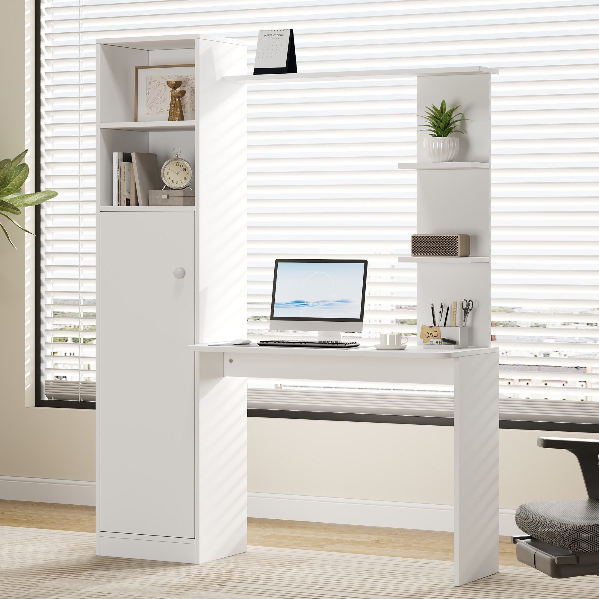Flieks Regal-Schreibtisch Computertisch mit Hochschrank und Ablagen (123,5x45x168,5 cm, 1-St), L-formig Arbeitstisch mit Ablagen und 5 Fächern Bürortisch Weiß