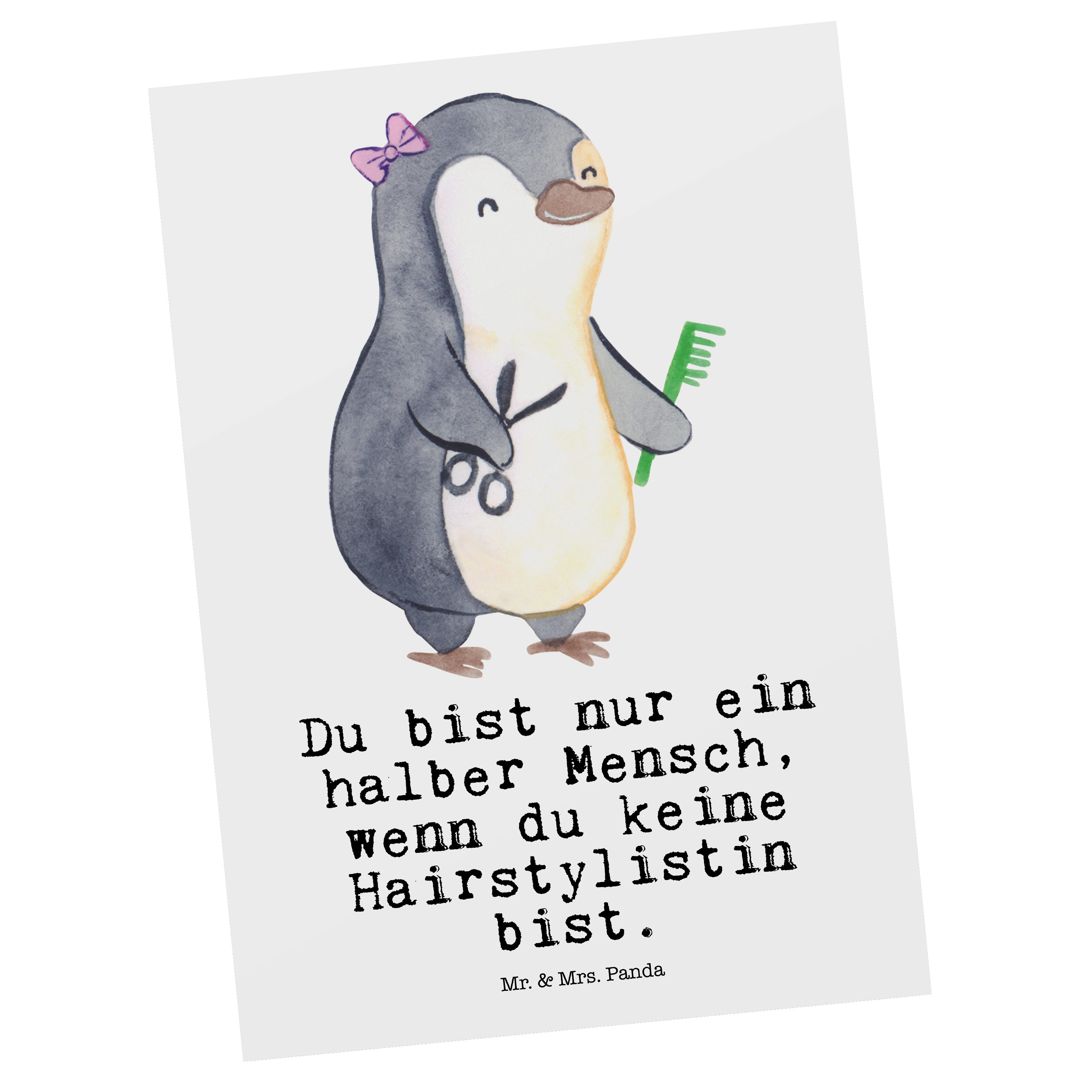 Mr. & Mrs. Panda Postkarte Hairstylistin mit Herz - Weiß - Geschenk, Haare ab, Dankeskarte, Arbe
