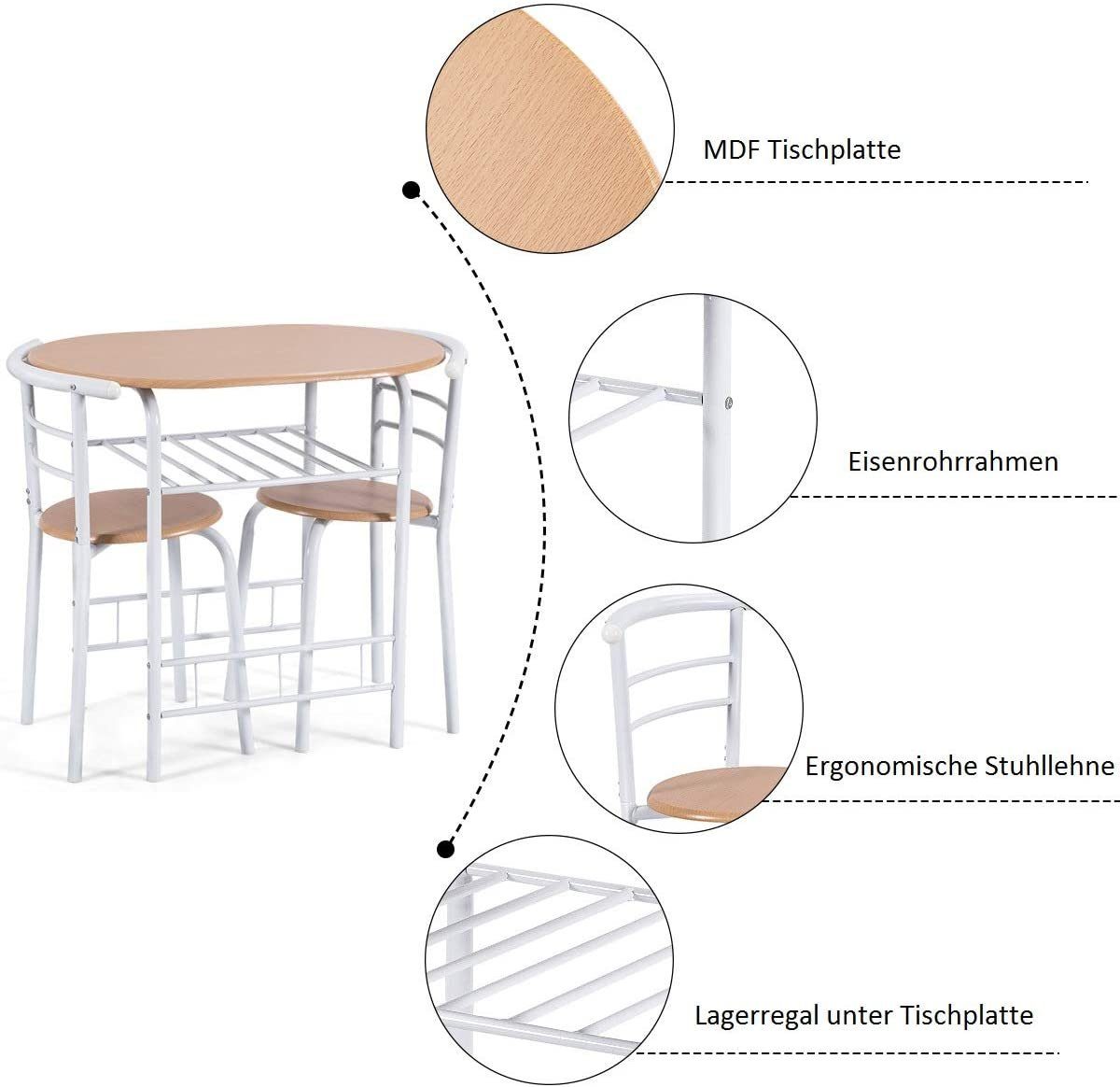 COSTWAY Sitzgruppe mit (3-tlg), Küchenbar, 2 Stühlen natur 3tlg