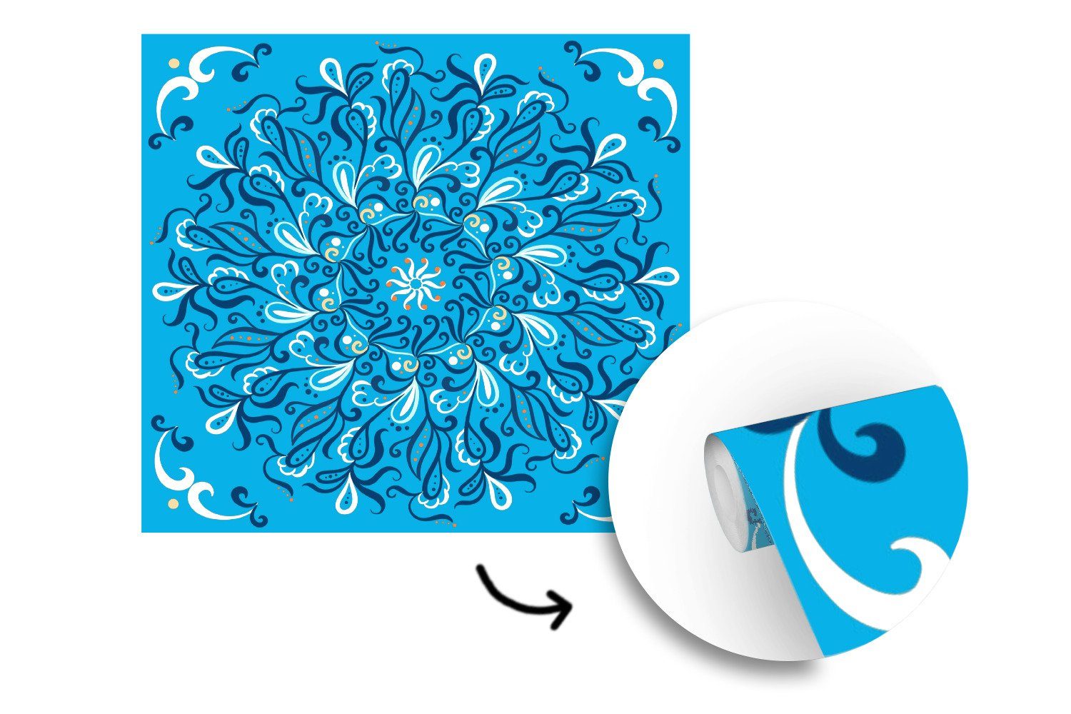 MuchoWow Fototapete Mandala - Blau (5 Tapete Matt, Wandtapete oder Muster, Wohnzimmer - bedruckt, für St), Vinyl Schlafzimmer