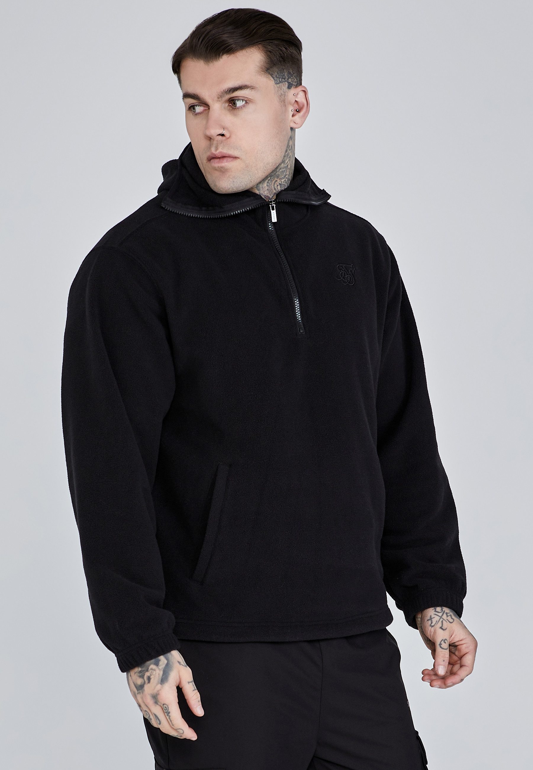 Hoodie SikSilk Herren Schwarzer Polar Fleece Kapuzenpullover
