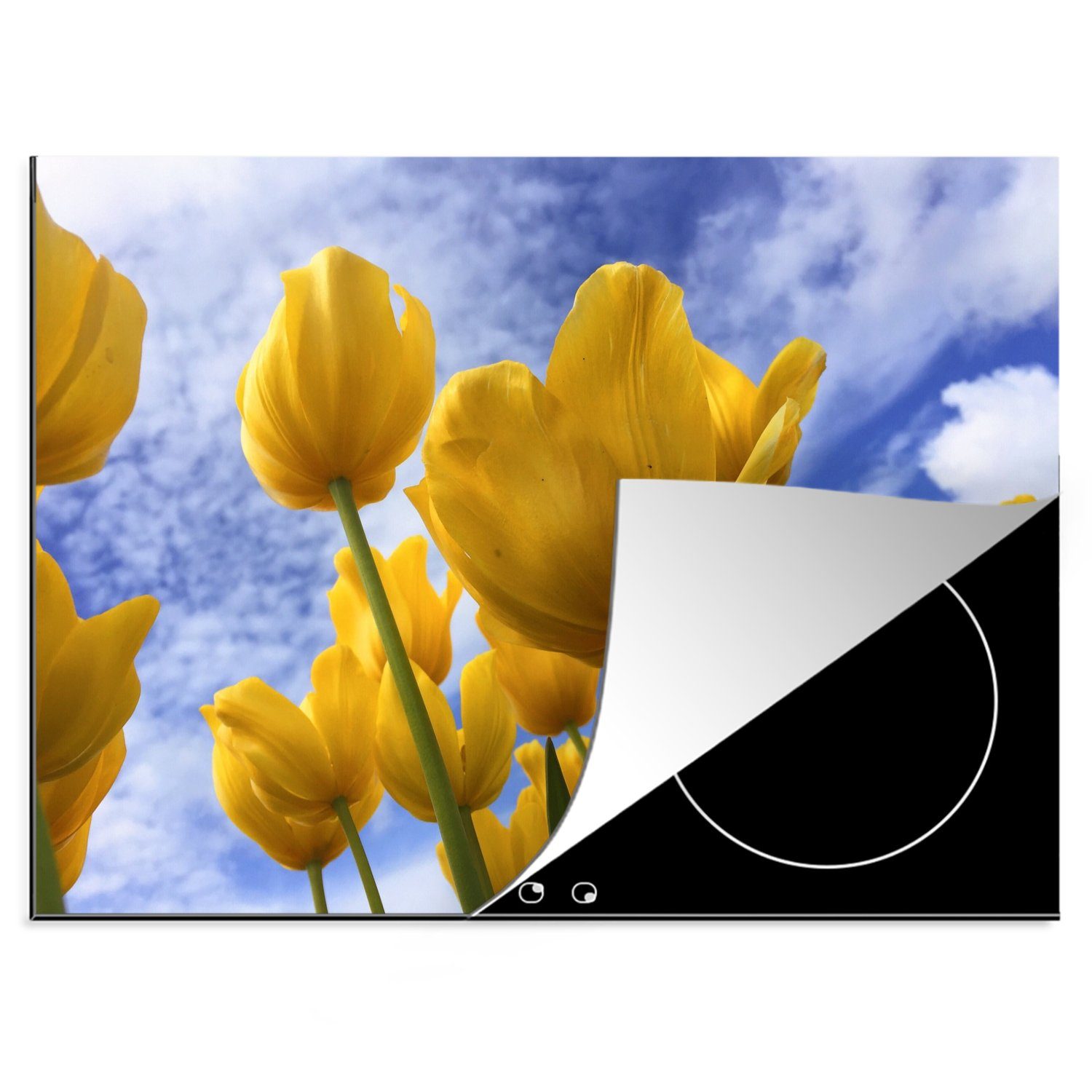 MuchoWow Herdblende-/Abdeckplatte Blumen - Wolken - Gelb, Vinyl, (1 tlg), 70x52 cm, Mobile Arbeitsfläche nutzbar, Ceranfeldabdeckung