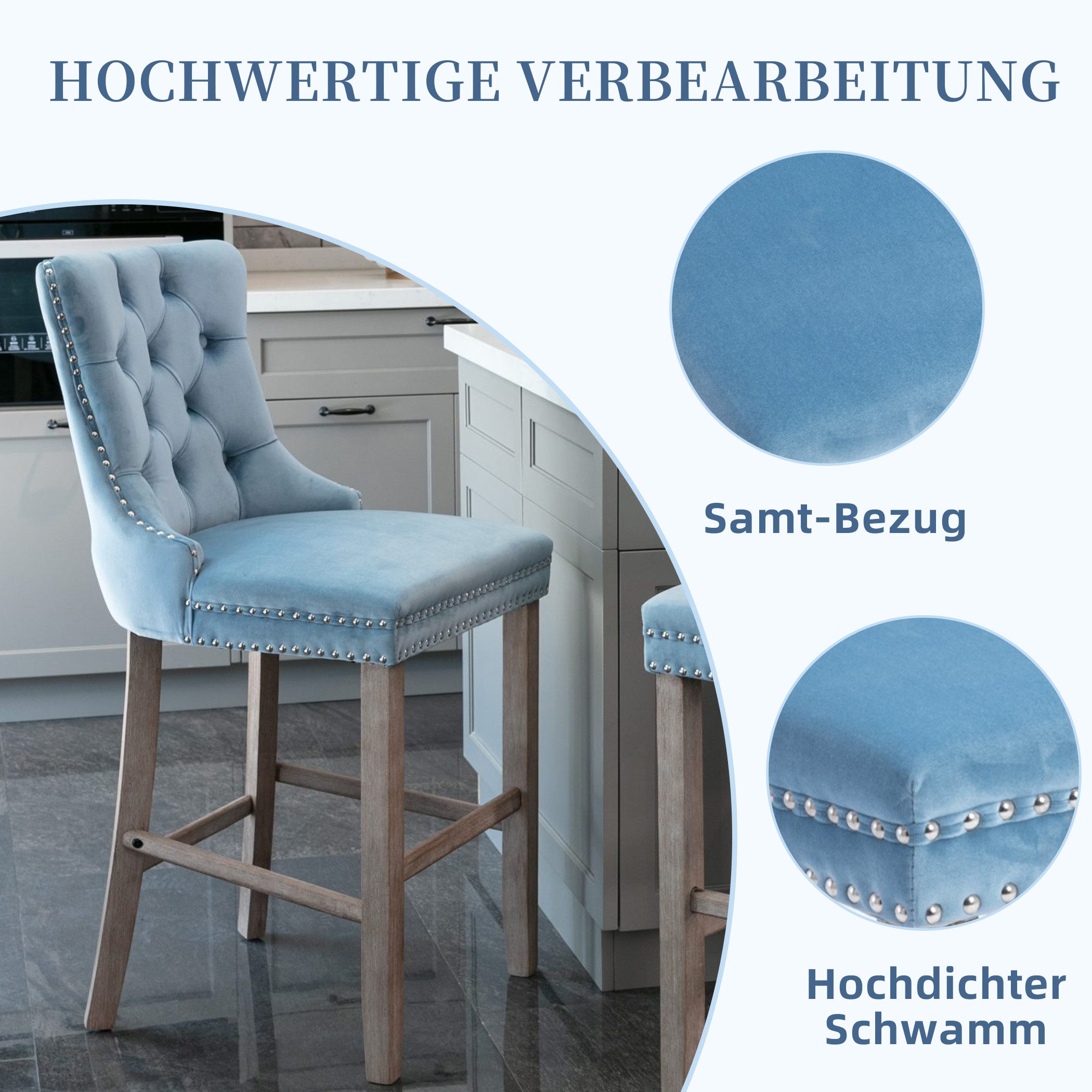 SeedWave Barhocker Mit Rückenlehne, 2er-Set Samt Barstuhl mit Verstellbaren Schrauben, Polsterhocker inkl. 4 Holzfüße mit Fußstütze, Nieten und Knopf-Design