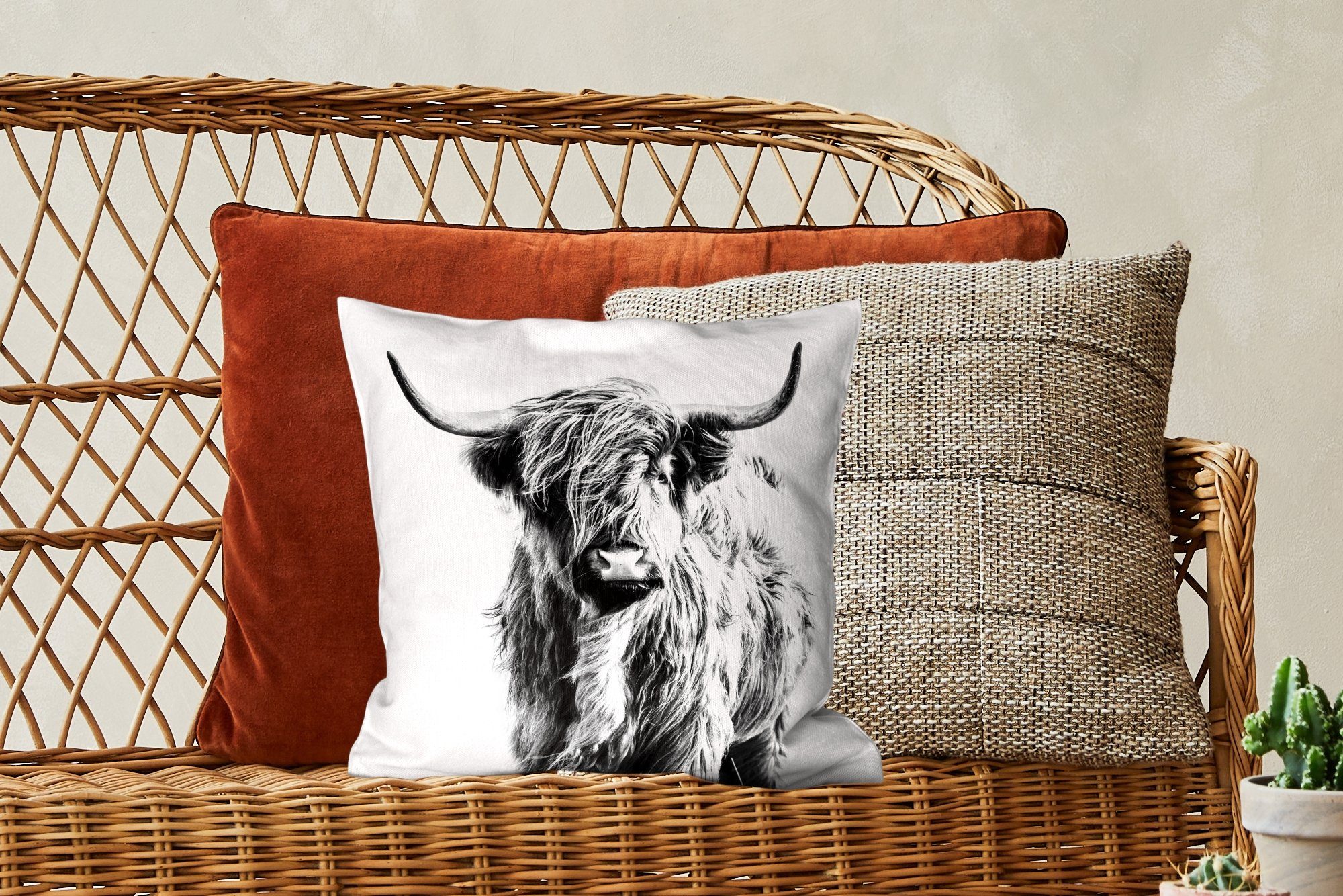 Schlafzimmer, Dekokissen für Highlander Schottischer Zierkissen MuchoWow Sofakissen - Deko, Schwarz mit Tiere, Füllung Weiß und - Wohzimmer,