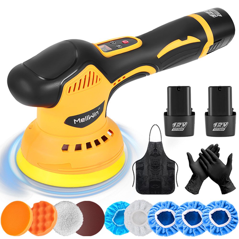 MELLWIN Akku-Poliermaschine 125 mm, mit 2 Akkus, 6 Geschwindigkeitsstufen, 2800 min. U/min, 5500 max. U/min, Ø 125 mm, ideal zum Polieren, Wachsen und Kratzerentfernen bei der Autopflege