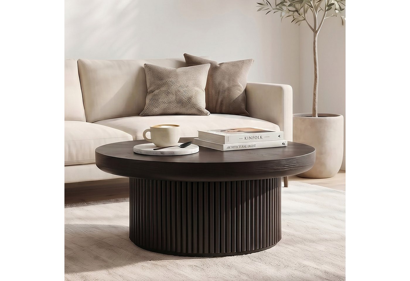 Celya Couchtisch Parkett-Tischplatte und zylindrischem Sockel (78×78×38.5cm, verstärkte Tischplatte), Einfache Montage