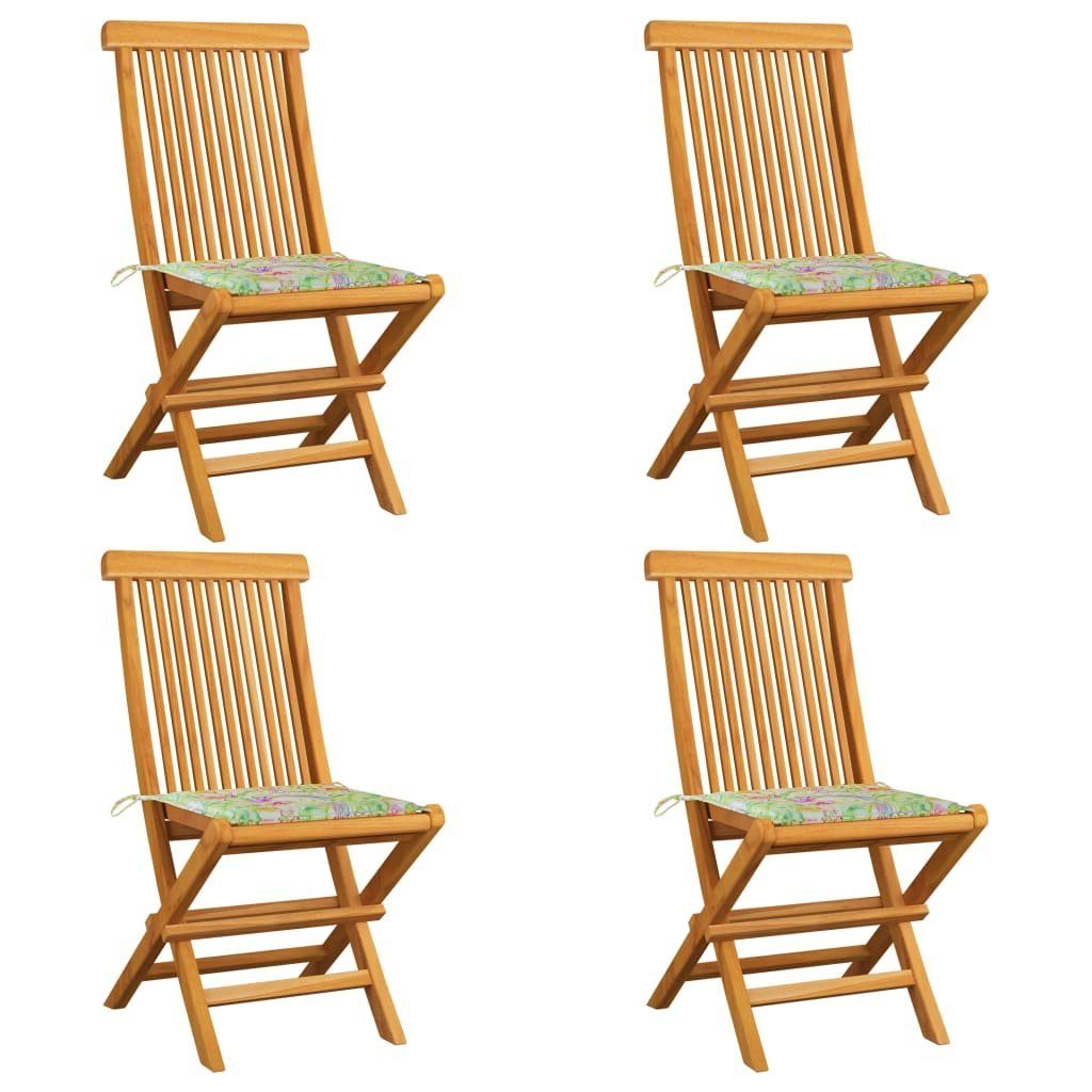 furnicato Gartenstuhl Gartenstühle mit Blattmuster-Kissen 4 Stk. Massivholz Teak | Stühle