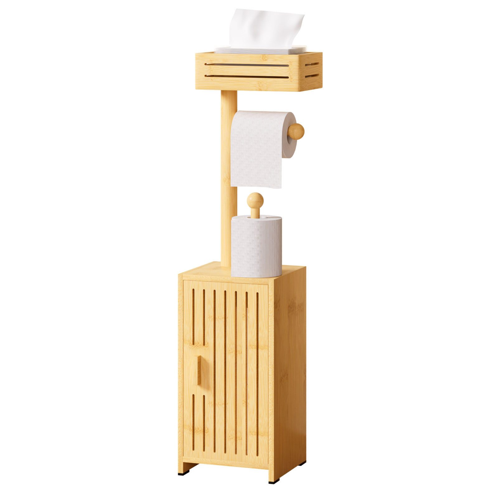 Yorbay Toilettenpapierhalter Schmaler Aufbewahrungsschrank mit Ablagefläche & Rollenhalter, Bambus Badezimmerschrank 20x17x73.5 cm