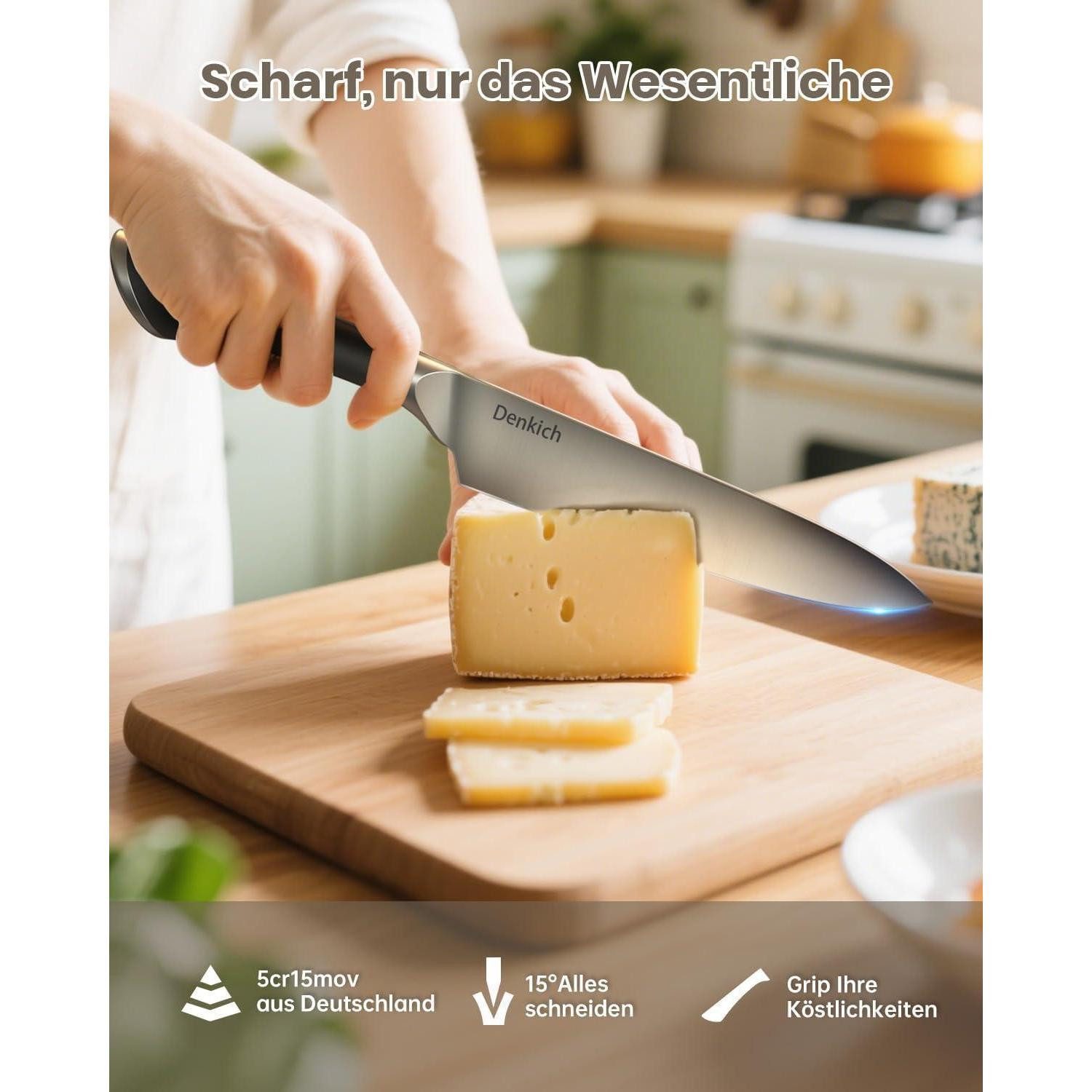 Denkich Messerblock Messerblock Set 6-TLG, scharfe Küchenmesser mit Block aus Eiche