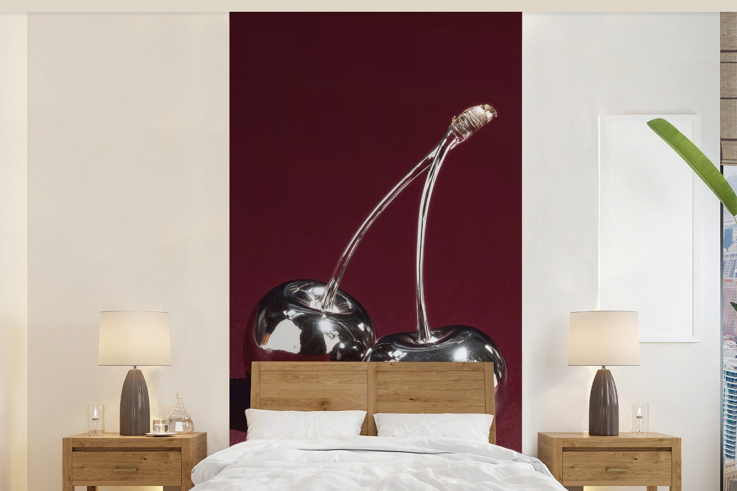 MuchoWow Fototapete Kirsche - Glänzend - Bordeaux, Matt, bedruckt, Vliestapete für Wohnzimmer Schlafzimmer Küche, Fototapete, 120x240 cm