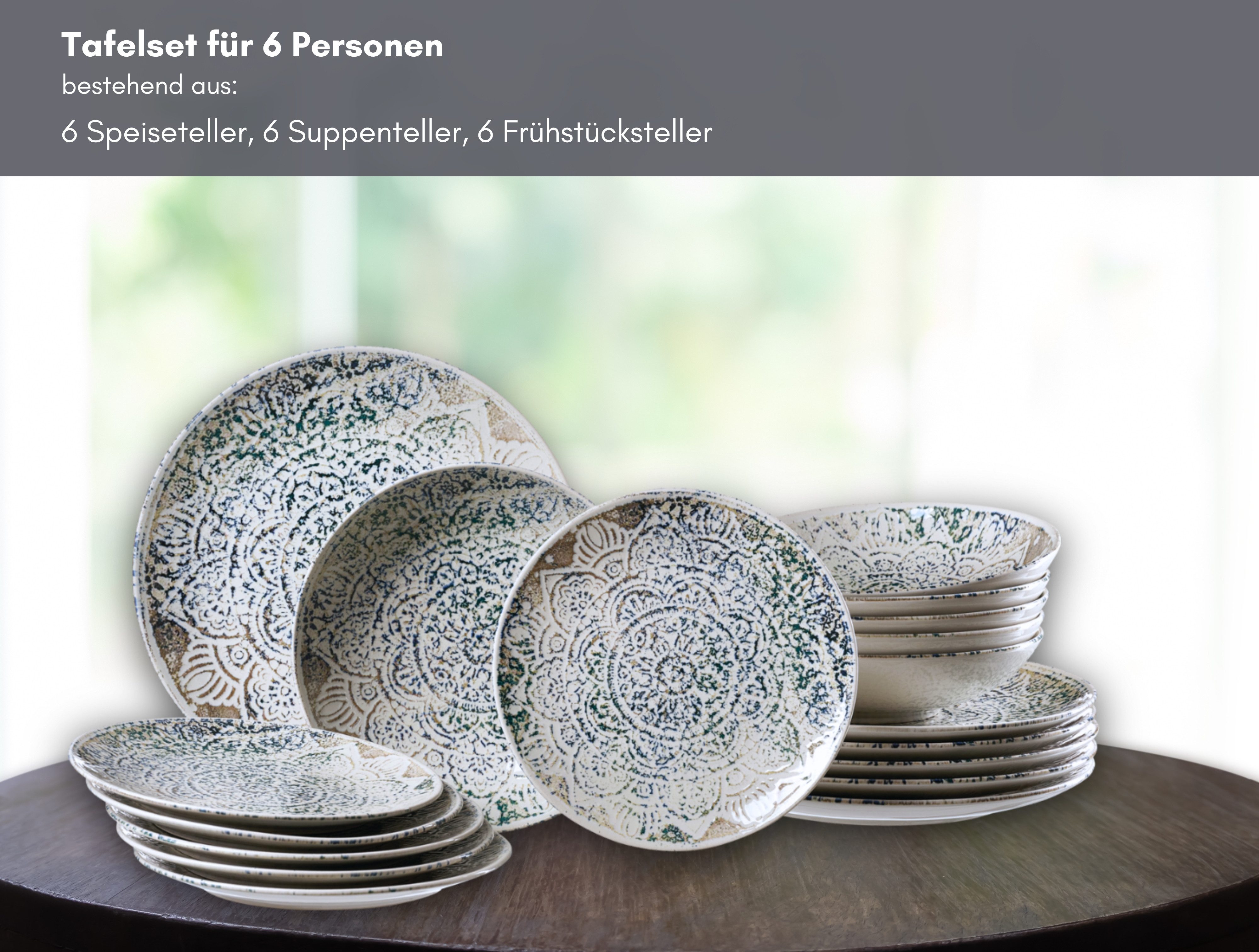 Ritzenhoff & Breker Tafelservice Luig (18-tlg), 6 Personen, Steinzeug, Teller Set, keramische Digitaldrucktechnik