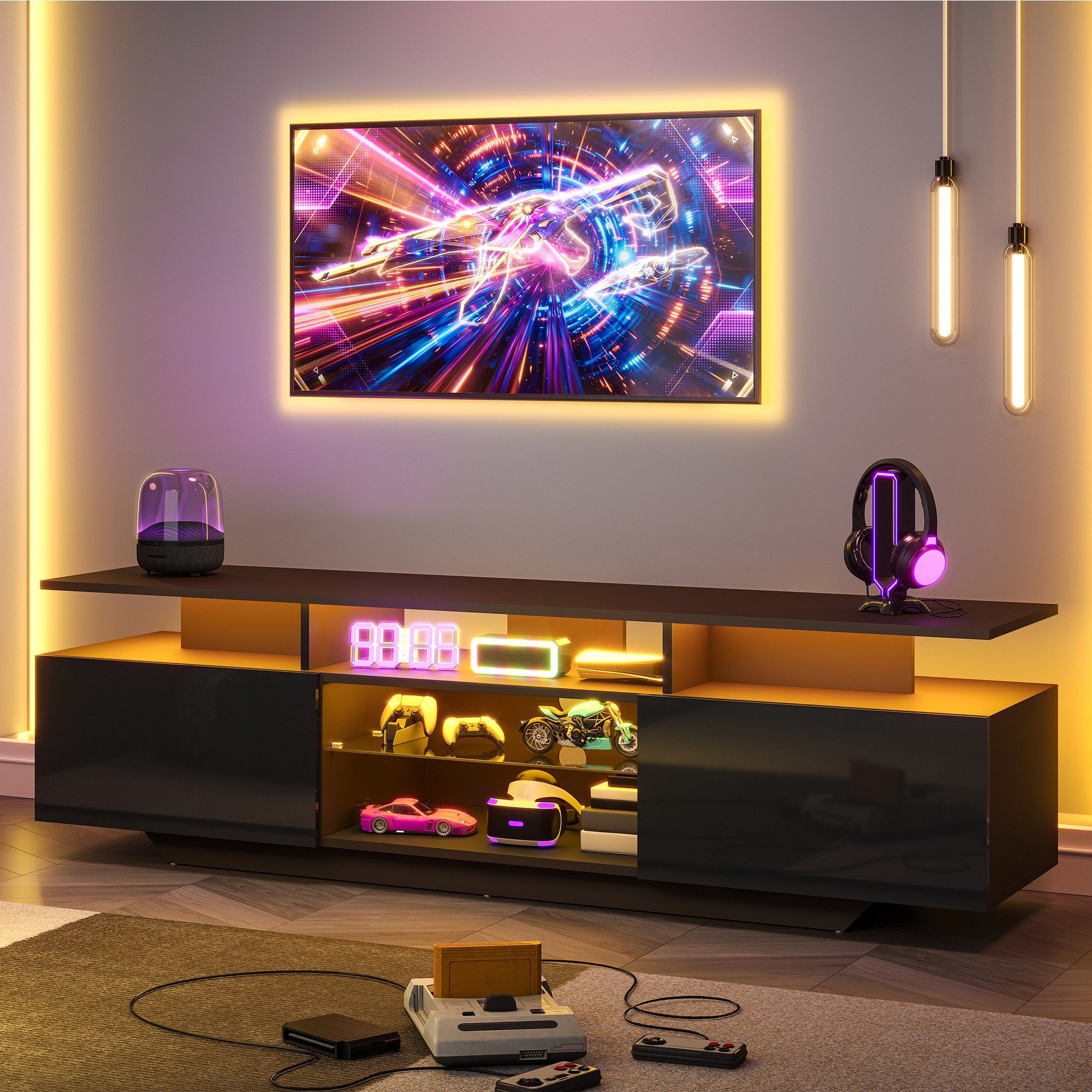 BlingBin TV-Schrank TV-Lowboard 160 cm mit LED, Glasfächern und 2 Türen (TV-Ständer, 1-St., 160 x 40 x 45cm) Fernsehschrank mit 8 Ablageflächen, für 70-Zoll-Fernseher,Schwarz