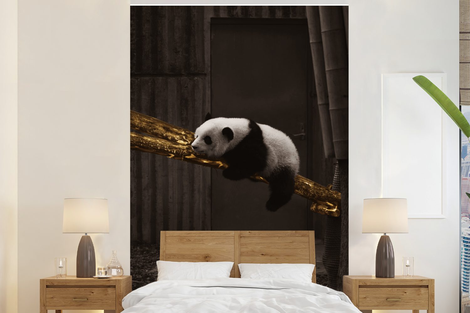 MuchoWow Fototapete Panda - Gold - Schwarz, Matt, bedruckt, (3 St), Montagefertig Vinyl Tapete für Wohnzimmer, Wandtapete