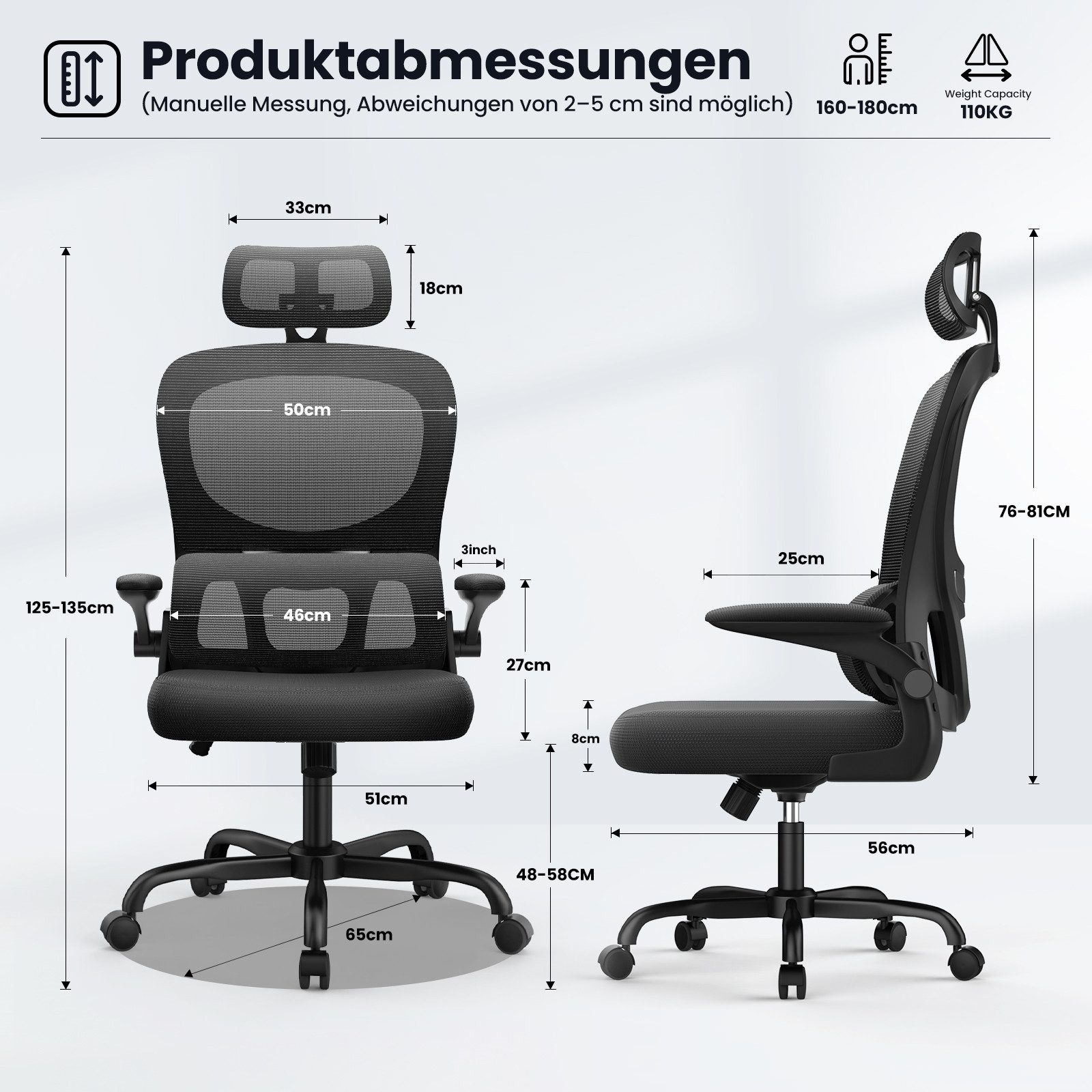 ZAISZE Bürostuhl Ergonomischer Bürostuhl mit Verstellbarer Kopfstütze und Armlehnen (Rückenlehne verstellbar 90°-120°, selbstanpassender Lordosenstütze), Schreibtischstuhl, Drehstuhl, Computer-Bürostuhl, Bis 110 kg