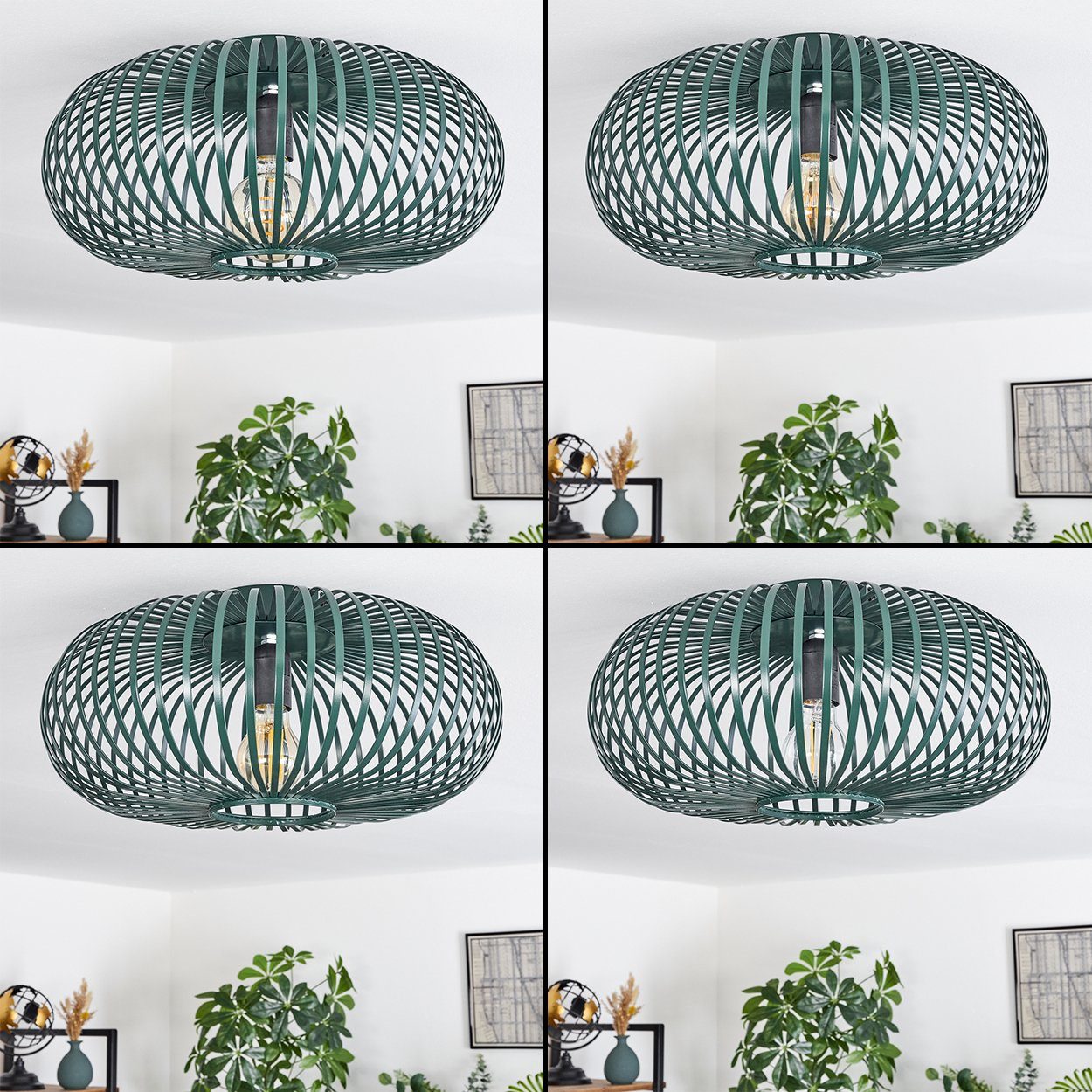 hofstein Deckenleuchte runde Deckenlampe aus Metall in Grün, ohne Leuchtmittel, Retro-mit Lichteffekt durch Gitter-Optik, Ø 40,5cm, E27-Fassung.