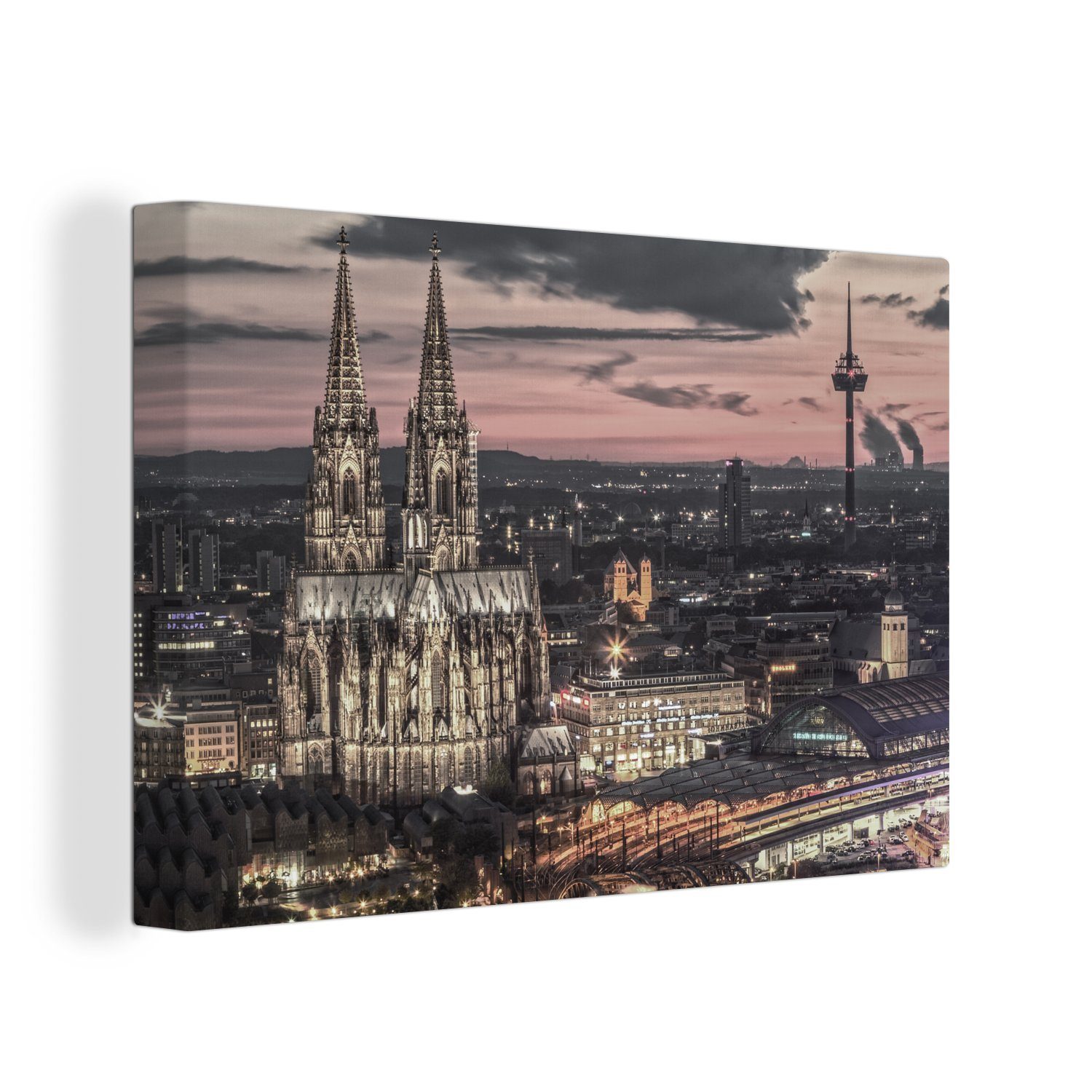 Dämmerung in für Der cm OneMillionCanvasses® 120x80 XXL, der in alle gotische großes, Köln, (1 Gemälde, Dom Wohnbereiche, Wandbild Leinwandbild St),