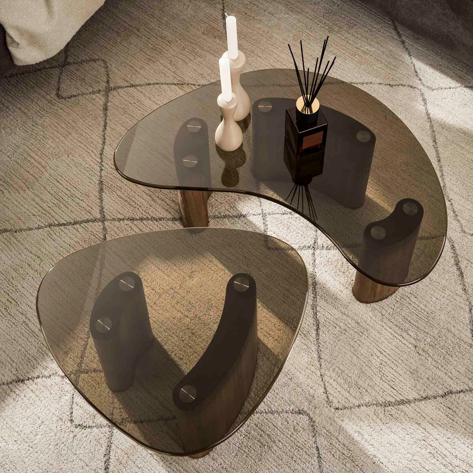 LEVEN Lifestyle Couchtisch 2 tlg. Wohnzimmertisch LUNA organische Form mit Glasplatte (2´er Set), Tischplatte aus gehärtetem, braunem Rauchglas