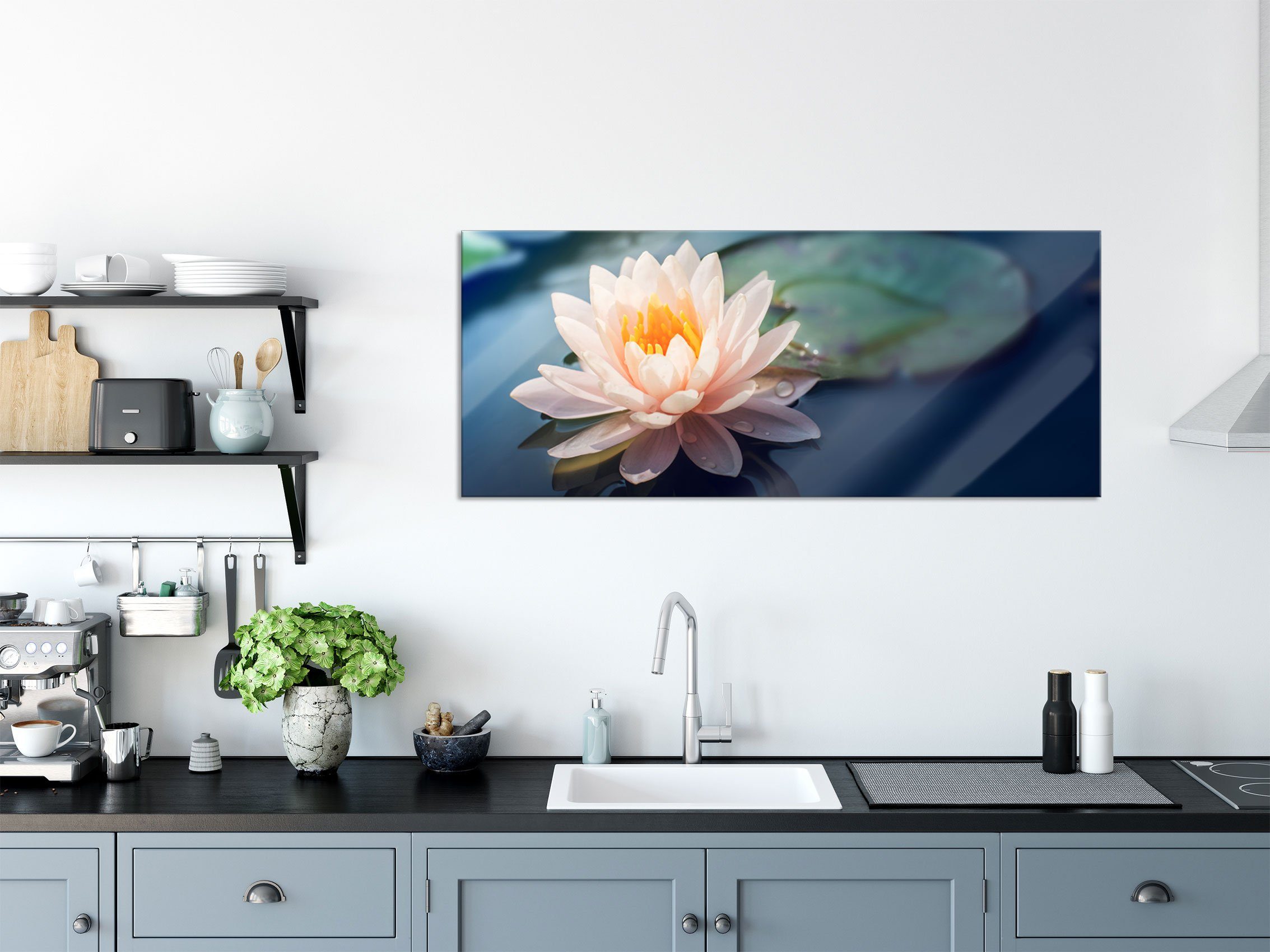 Teich in Lotusblume Lotusblume und Glasbild aus (1 Echtglas, Aufhängungen Pixxprint Glasbild Eine Teich, inkl. Abstandshalter Eine rosa rosa St), in