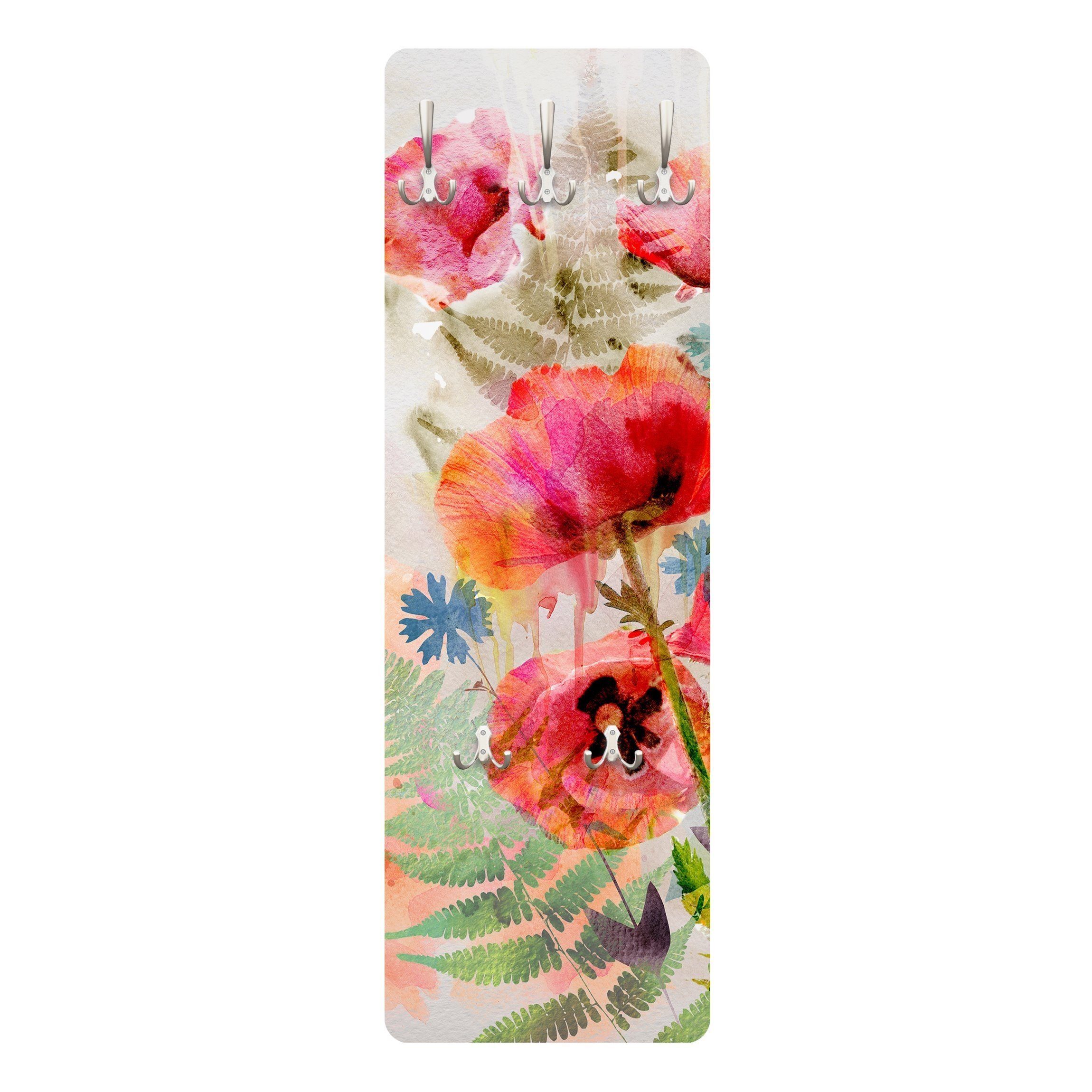 Bilderdepot24 Шкафыpaneel rot Aquarell Blumen Floral Kunst Aquarell Blumen Mohn Design (ausgefallenes Flur Wandpaneel mit Крючки гардеробные Kleiderhaken hängend), moderne Wandgarderobe - Flurgarderobe im schmalen Hakenpaneel Design