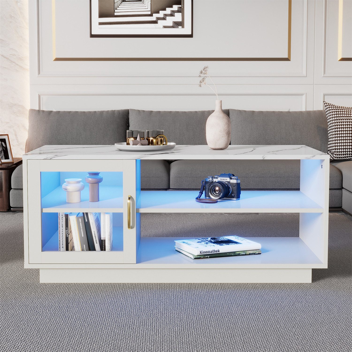 autolock Couchtisch LED-Hochglanz-Couchtische, Mitteltisch mit Stauraum, Weiß