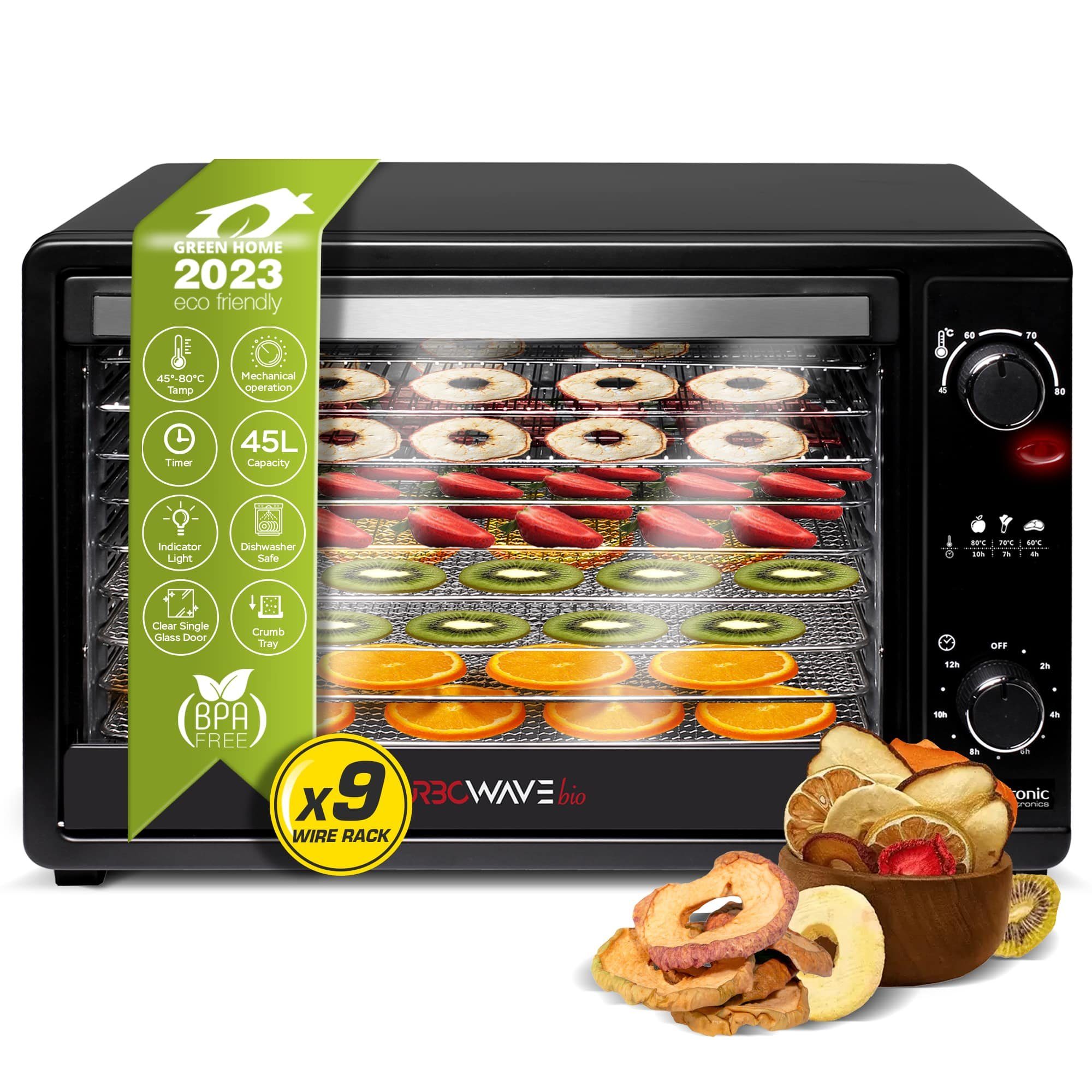 TurboTronic by Z-Line Dörrautomat TurboWave BIO Komplett aus Metall KEIN PLASTIK! gesund Dörrer 45-80°C 650 W, 9 Etagen, Dehydrator 45L Obsttrockner Trockenfleisch Dörrgerät inkl Rezeptheft