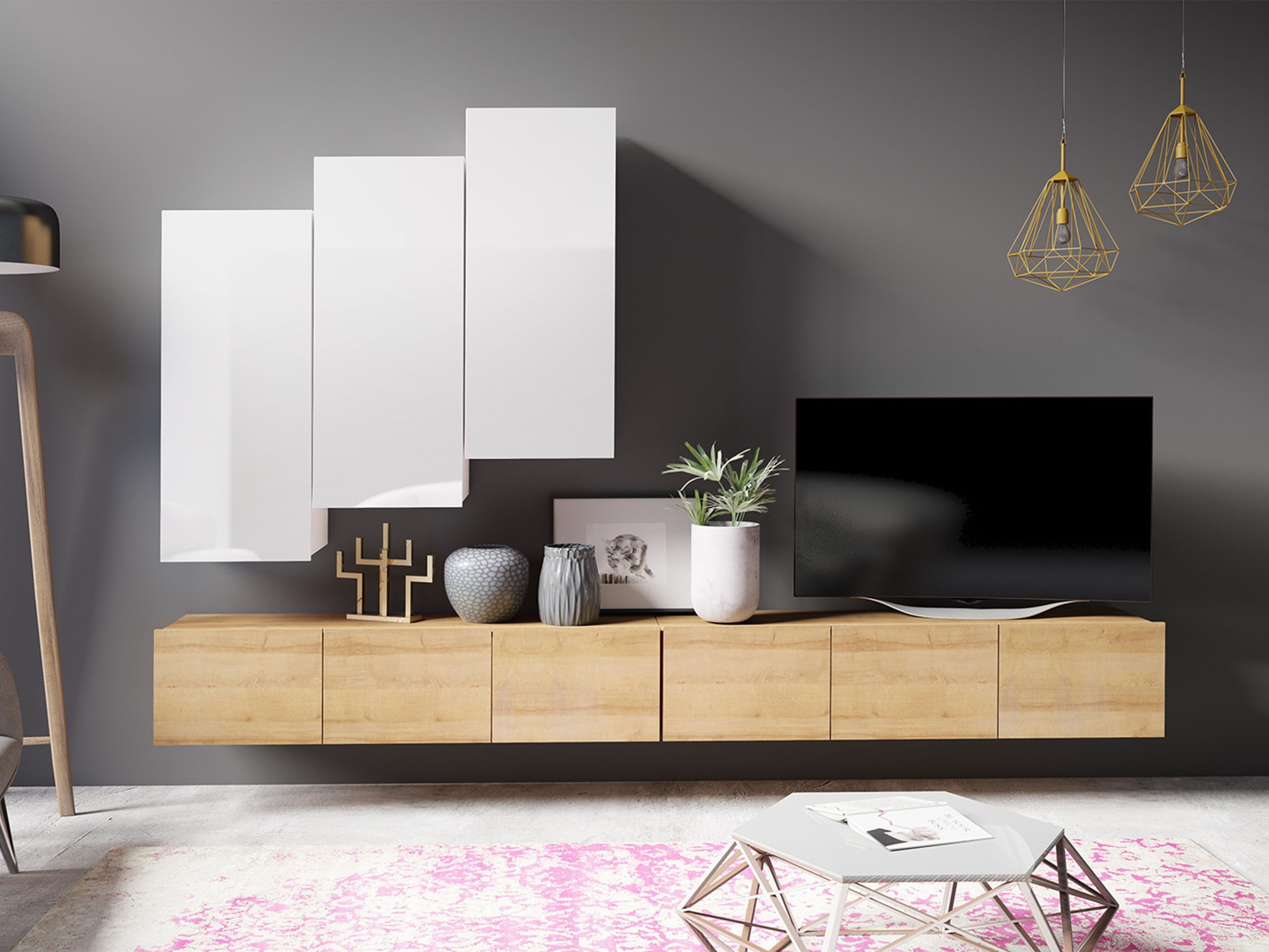 MIRJAN24 Wohnwand Calabrini XX, (5er-Set, 2x TV-Lowboard, 3x Hängeschrank), ohne Griffe, Silberne Beine 5 cm