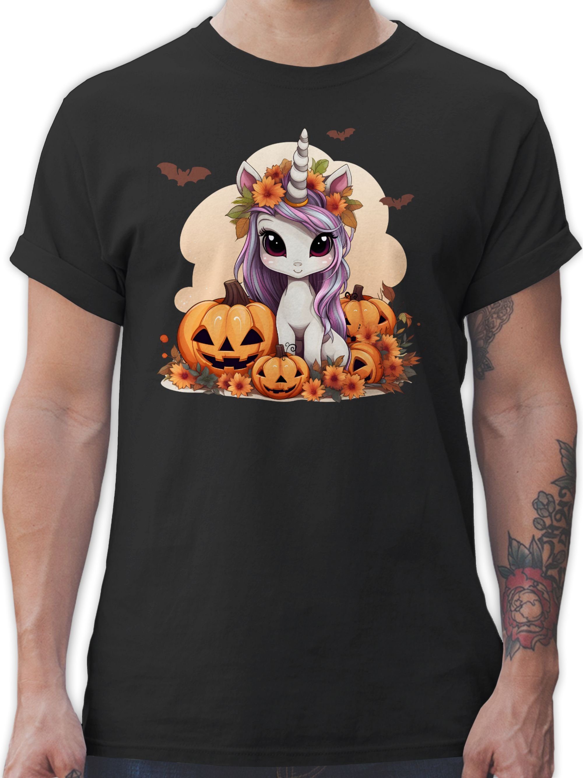 Shirtracer T-Shirt Süßes Einhorn Halloween Unicorn Kürbis Halloween Kostüme Herren 01 Schwarz