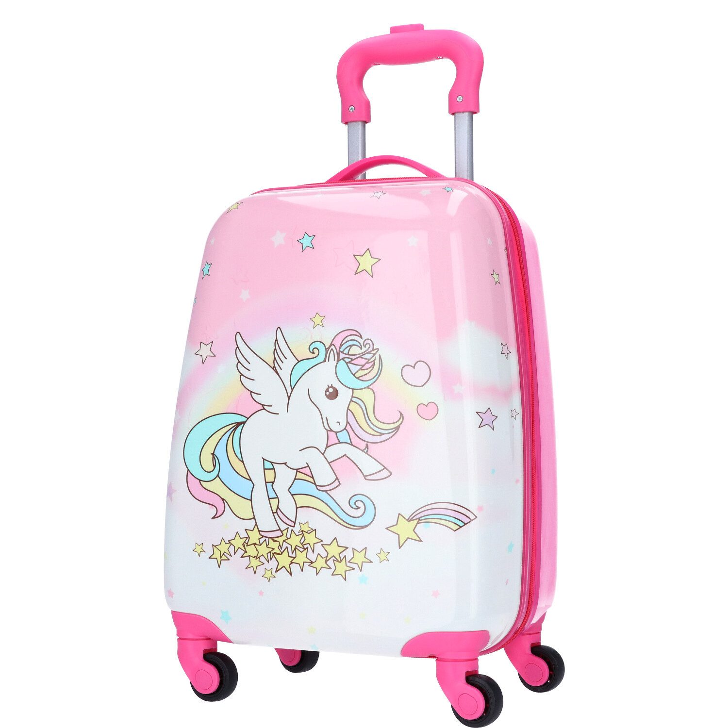 TheTrueC Koffer TheTrueC Kinder Trolley, Hartschale, Einhorn pink, 4 Rollen Rollen