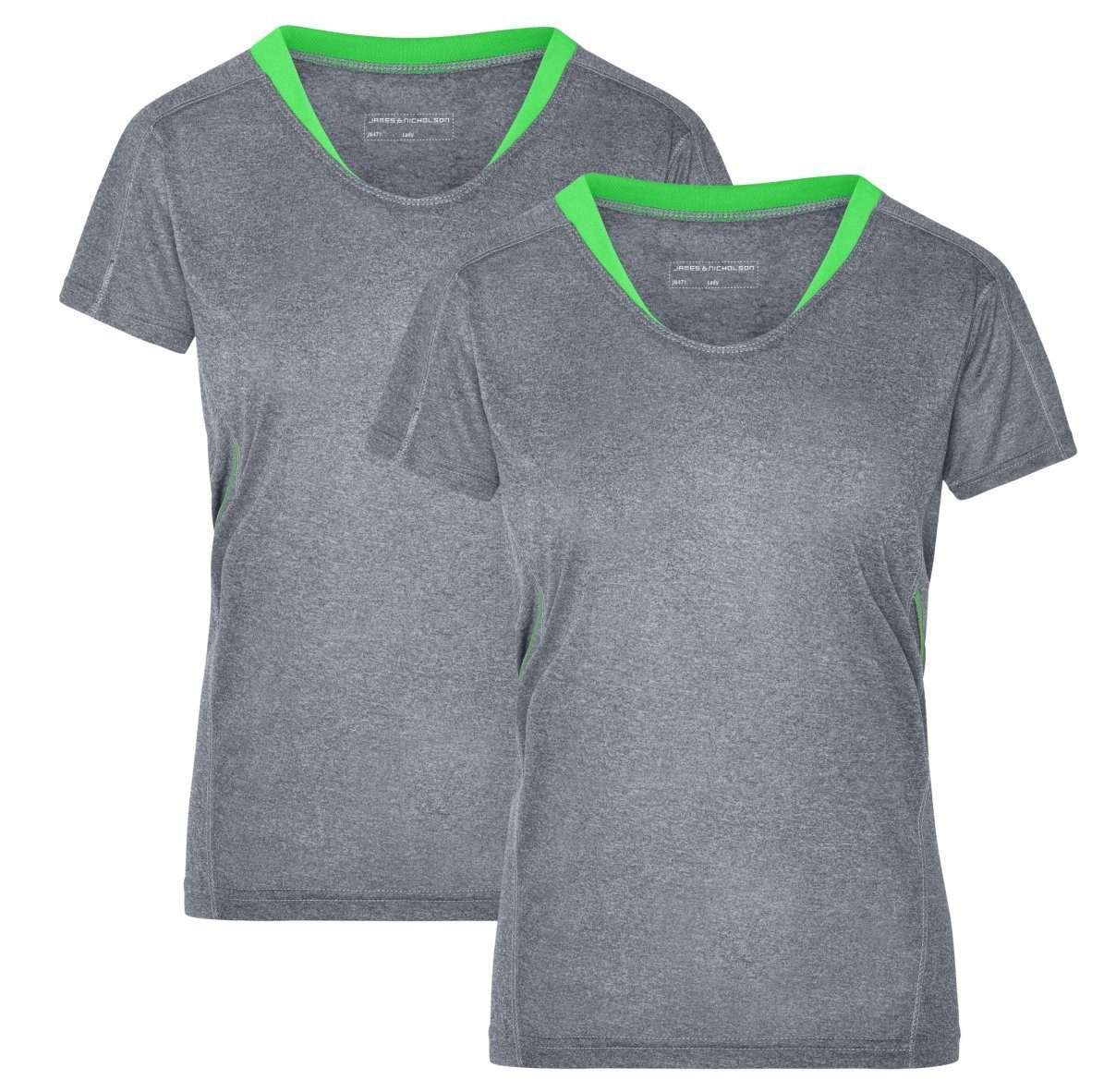 James & Nicholson Laufshirt Doppelpack Damen Kurzarm Laufshirt Running T-Shirt JN471 (Doppelpack, 2 Stück) Atmungsaktiv und Feuchtigkeitsregulierend grey-melange/green