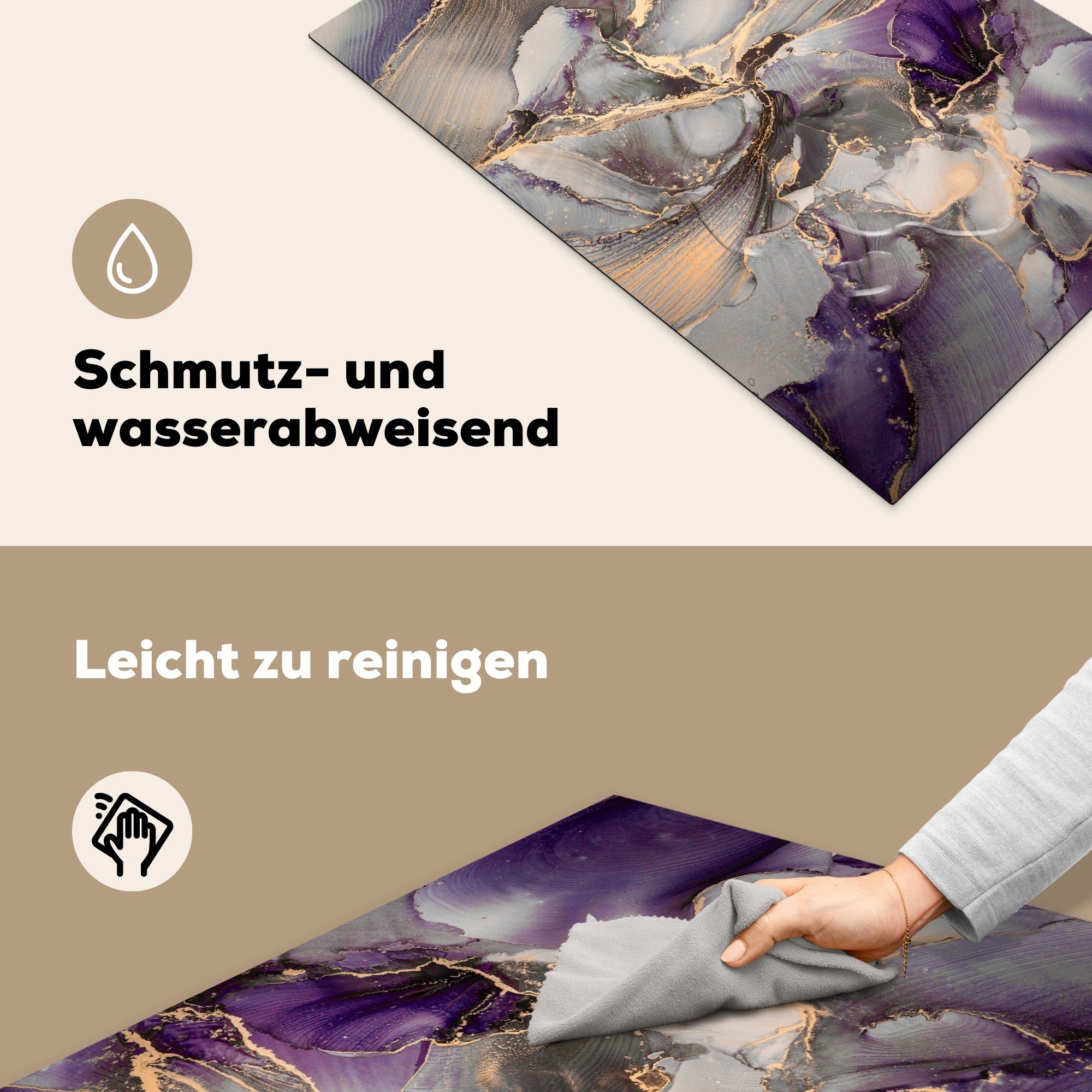 Induktionskochfeld Schutz Herdblende-/Abdeckplatte Gold küche, - die cm, für 81x52 Marmor, Ceranfeldabdeckung Lila (1 Vinyl, - tlg), MuchoWow