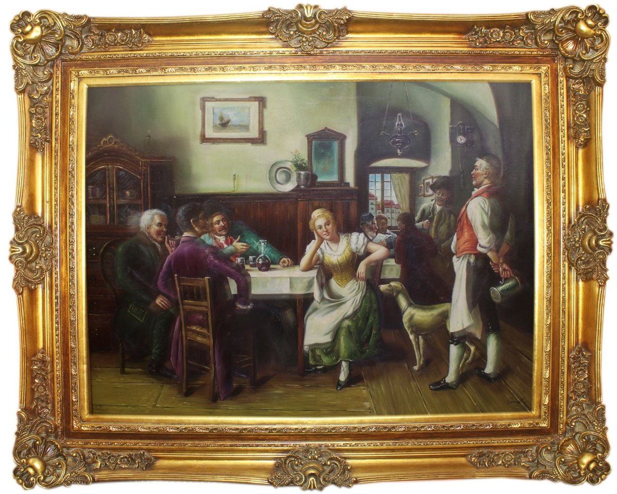 Casa Padrino Ölgemälde Barock Ölgemälde Gesellschaft im Wirtshaus  Mehrfarbig / Gold 160 x 10 x H. 130 cm - Handgemaltes Gemälde mit  prunkvollem Rahmen im Barockstil - Barock Wanddeko