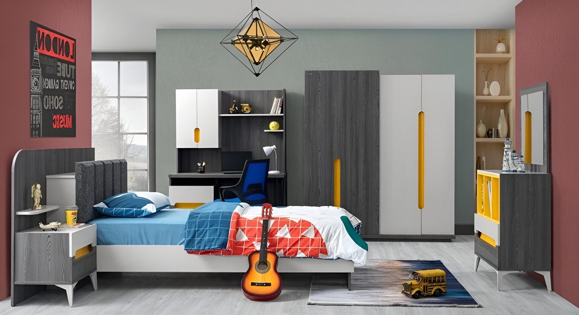 Xlmoebel Komplettschlafzimmer Grau Kinderzimmermöbel Set mit Bett, Schrank und Schreibtisch, (5-tlg., Schlafzimmer-Set), Hergestellt in Europa