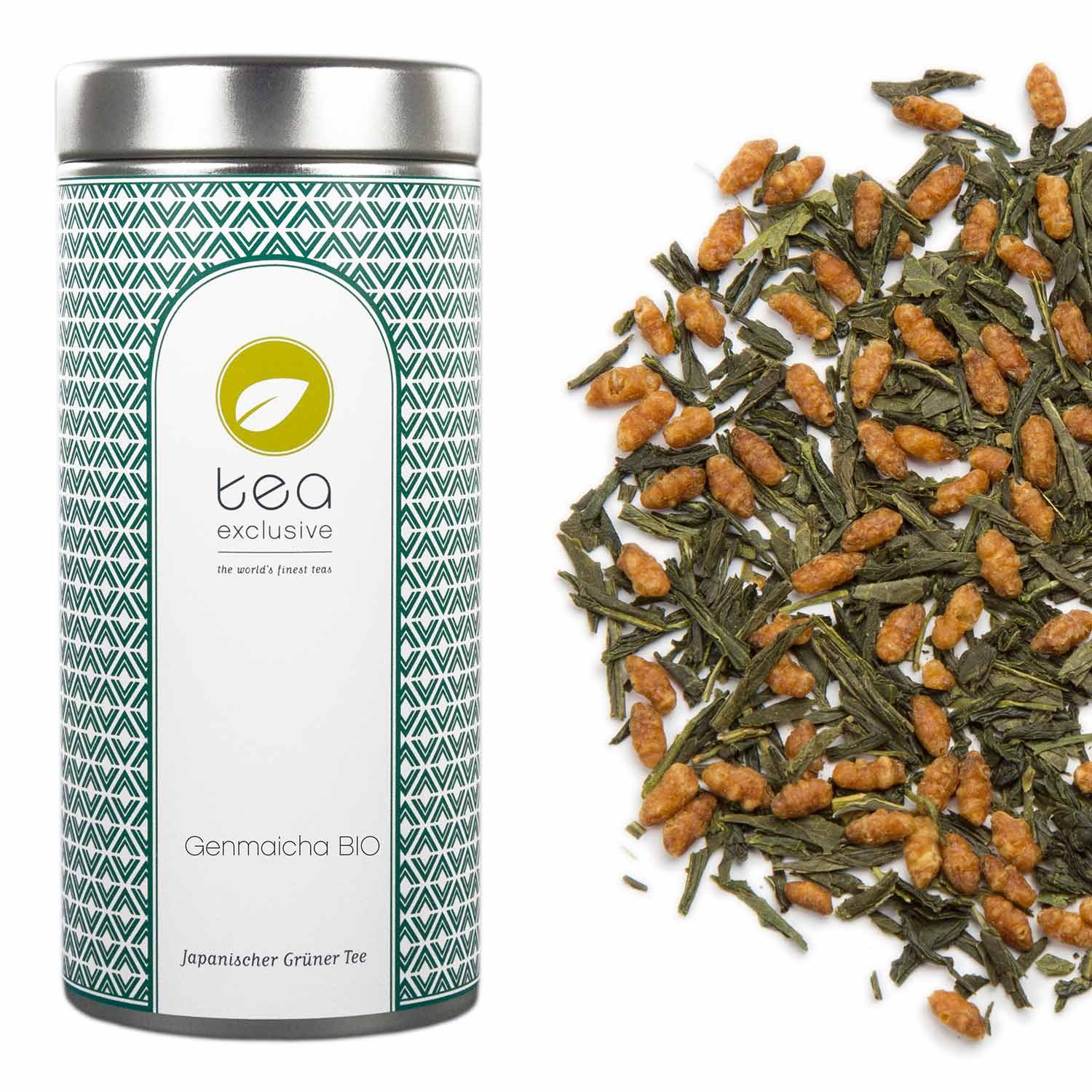tea exclusive Tee Genmaicha BIO, Japanischer Grüner Tee, Japan, 100g, Sanft mit leichter nussiger und karamelliger Note. Geringer Koffeingeh