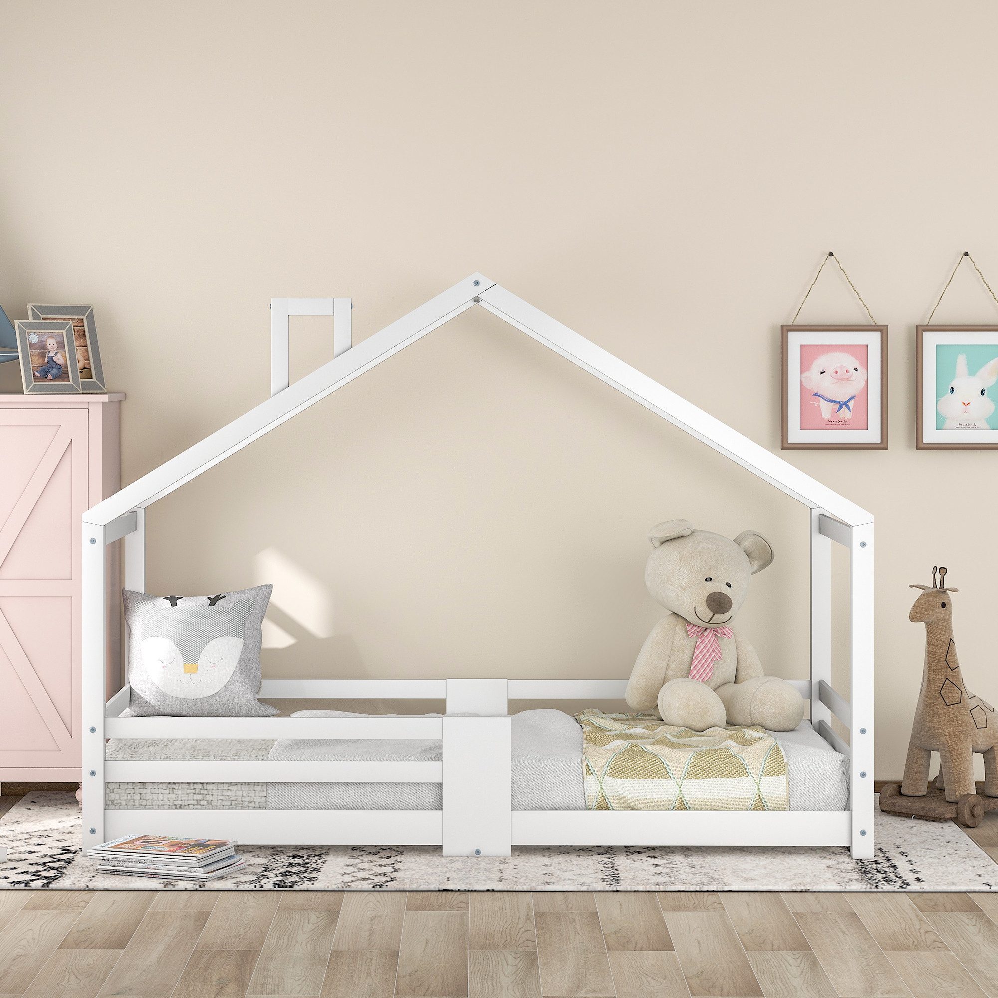 WISHDOR Kinderbett Kinder Bett Jugendbett Holzbett Hausbett Kinderhaus Massivholzbett (Massivholz Bett ohne Matratze), 90×200cm, aus Kiefer Holz, Weiß oder Grau