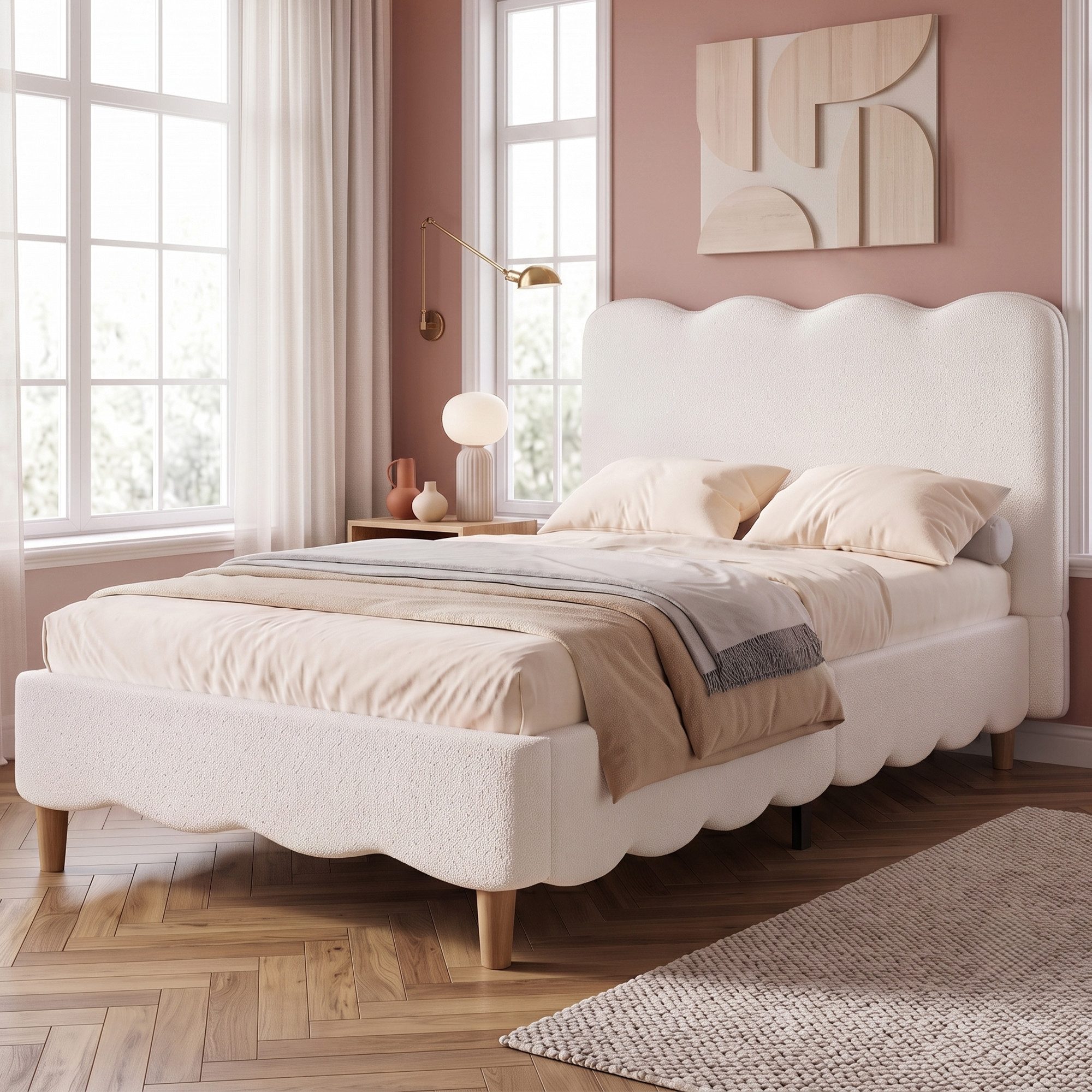 HAUSS SPOLE Polsterbett 90x200 Kinderbett mit Lattenrost,Einzelbett Bouclé mit Kopfteil,Weiß (Einzelbett in Bouclé-Optik mit Massivholzbeinen, ohne Matratze), Jugendbett Funktionbett mit Lattenrost und Kopfteil