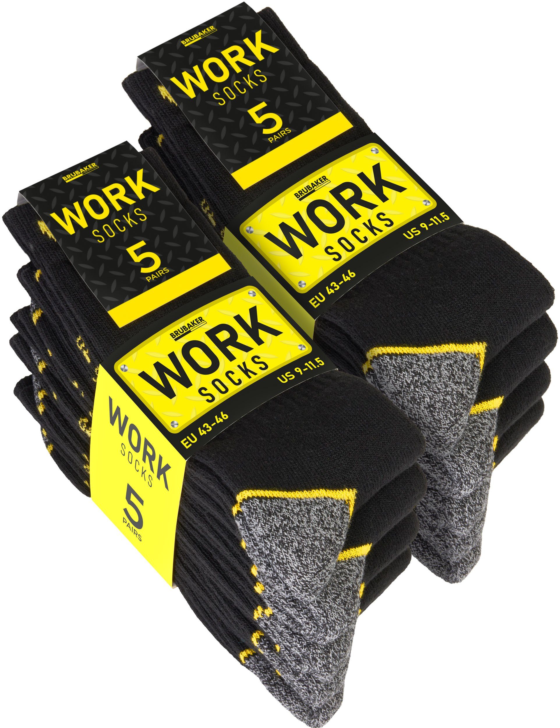 BRUBAKER Arbeitssocken für Herren - Work Socken für Sicherheitsschuhe (Schwarz, Gelb, Grau Meliert, 10-Paar, Set) Robuste Funktionssocken aus atmungsaktiver Baumwolle gegen Schweißfüße