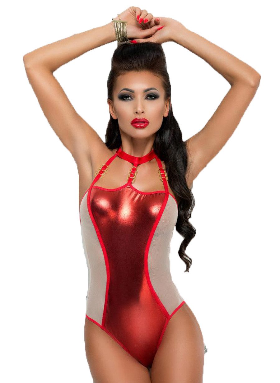 Me Seduce Stringbody Rot weißer Neckholder Frauen wetlook Body aus Kunstelder und Netz Eins