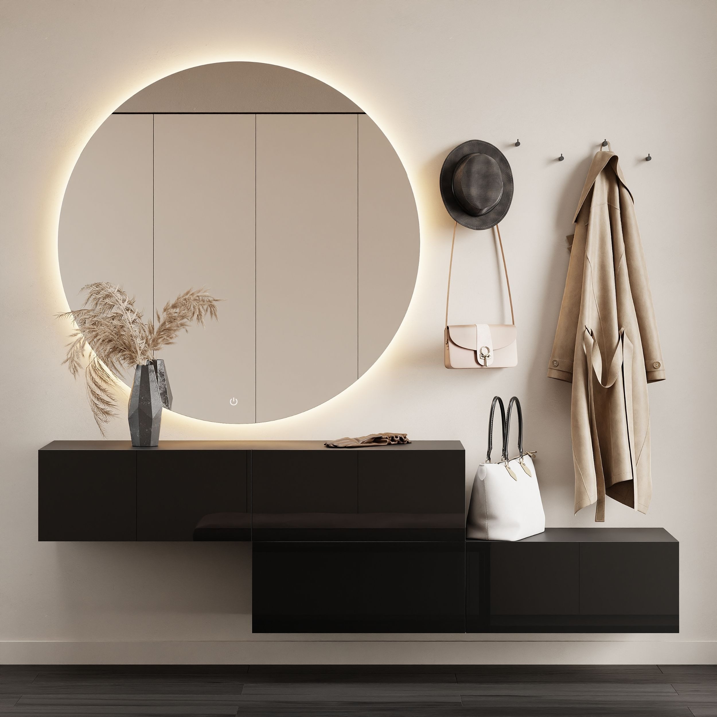 Planetmöbel Garderoben-Set Flur Möbel Garderobe, (Kompaktgarderobe mit Klappe als Stauraum, Hängeschränke 2 x 140 cm Schwarz), Wandgarderobe (ohne Spiegel)