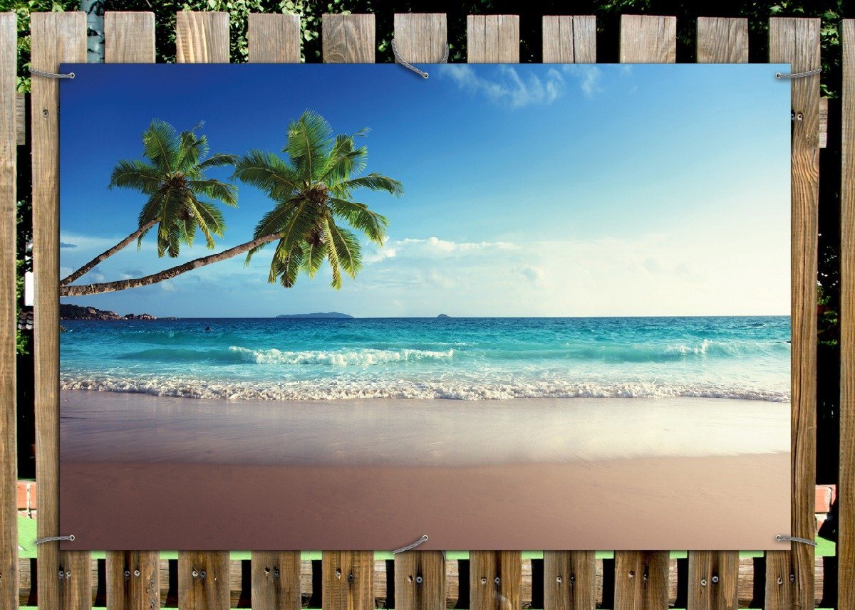 Thumbnail - Wallario Sichtschutzzaunmatten Sandstrand auf den Seychellen - Urlaub unter Palmen