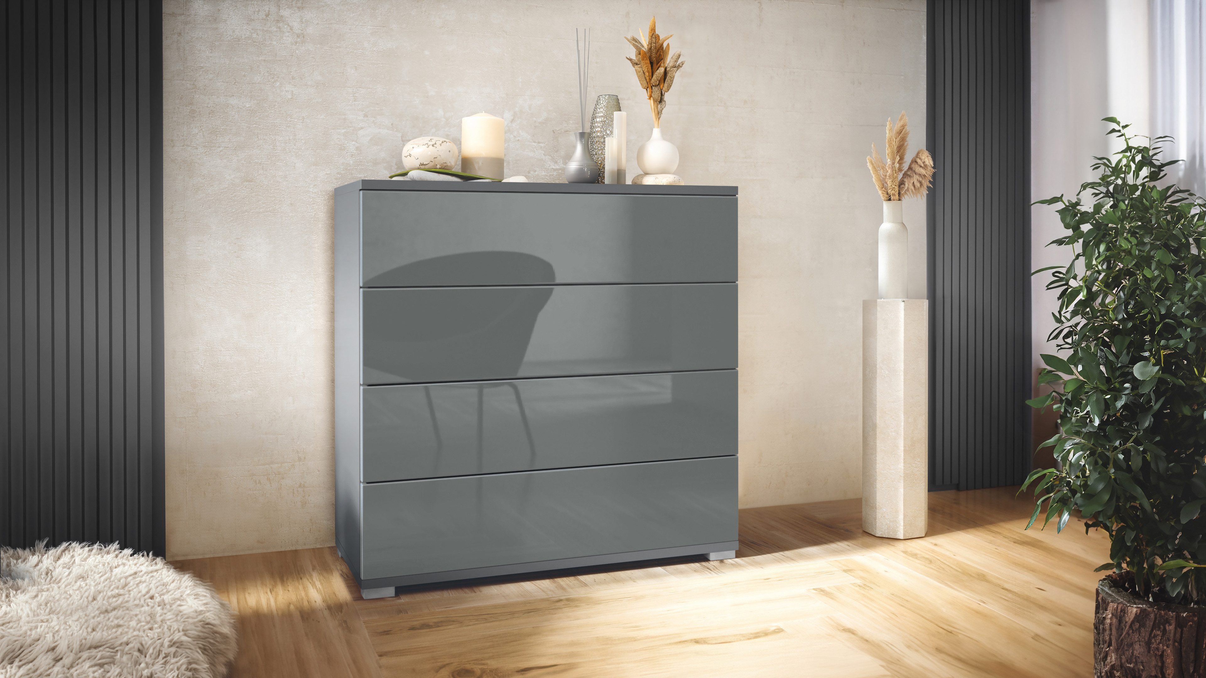 Vladon Kommode Pavos V3 (Sideboard, mit 4 Schubladen), Anthrazit matt/Grau Hochglanz (76 x 76 x 35 cm)