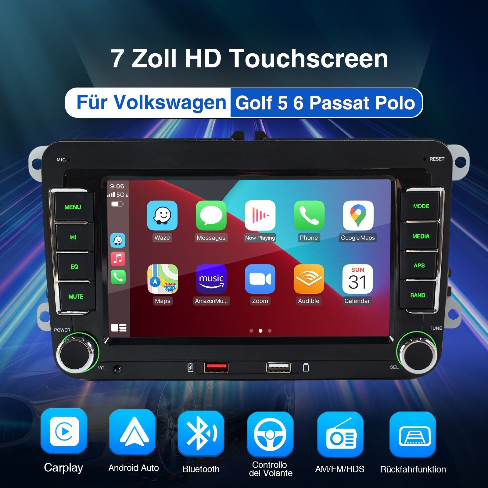 ESSGOO Für VW Golf 5 6 Plus Touran Caddy Jetta Autoradio Carplay Android Auto Autoradio (System : WinCE, Rückfahrkamera(optional), 2 DIN, AM/FM, SWC, CANBUS-Adapter ENTHALTEN (optimiert für Windows CE-System)