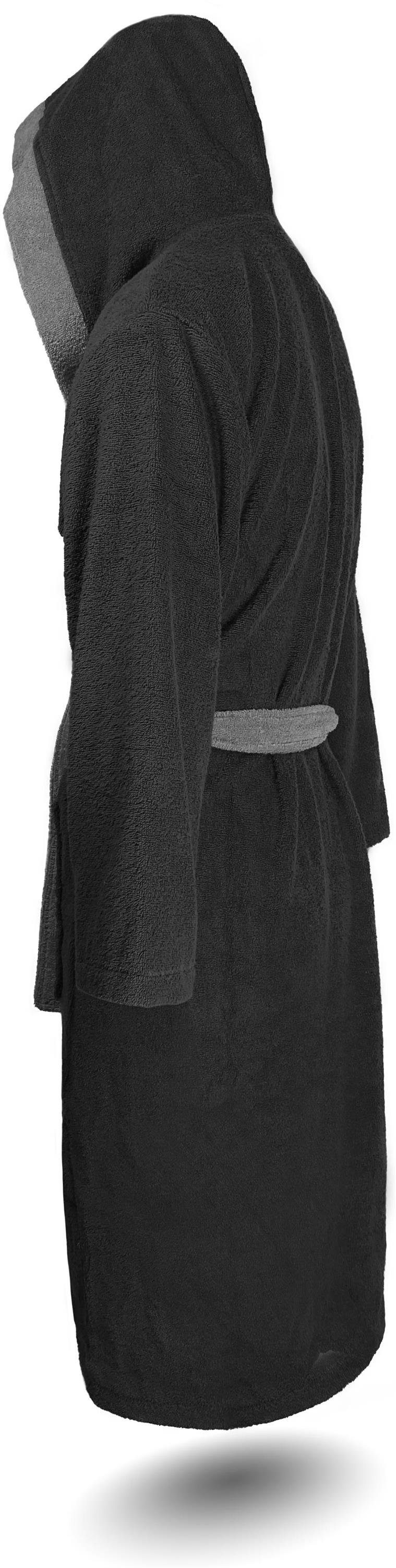 Schwarz/Grau für Bindegürtel, und aus Damenbademantel, Herren Baumwolle, Kapuze, 100 normani % Baumwolle Saunamantel 122, Damen