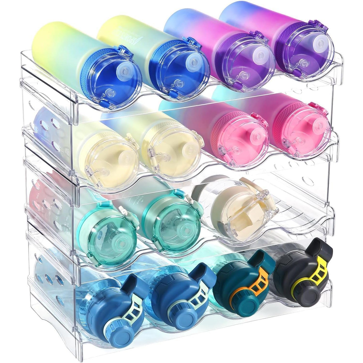 HEYHIPPO Flaschenregal Stapelfähiges 4-stöckiges Acryl-Flaschenregal für Küche,Kühlschrank, Abnehmbares Weinflaschen-Lagerregal, Wasserglas-Organizer 28×20×37cm