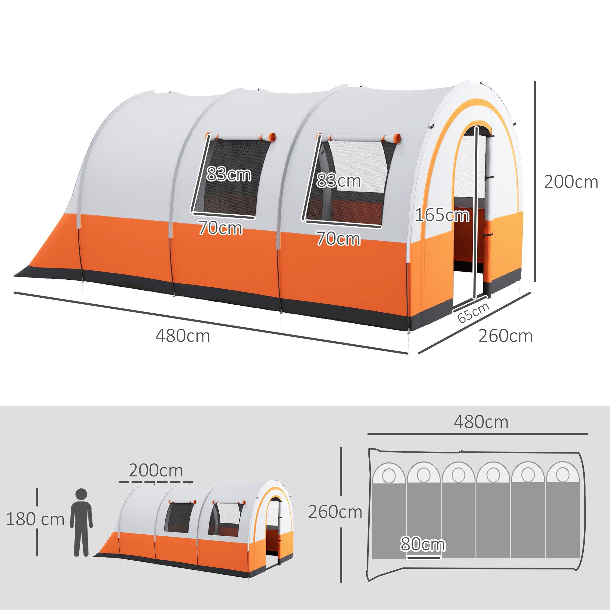 Outsunny Tunnelzelt mit 2 Räumen, Lichthaken, Tragetasche, Personen: 6 (3000mm wasserabweisend Campingzelt, 1 tlg., Gruppenzelt für 6 Personen), für Garten, Campingplatz, Cremeweiß
