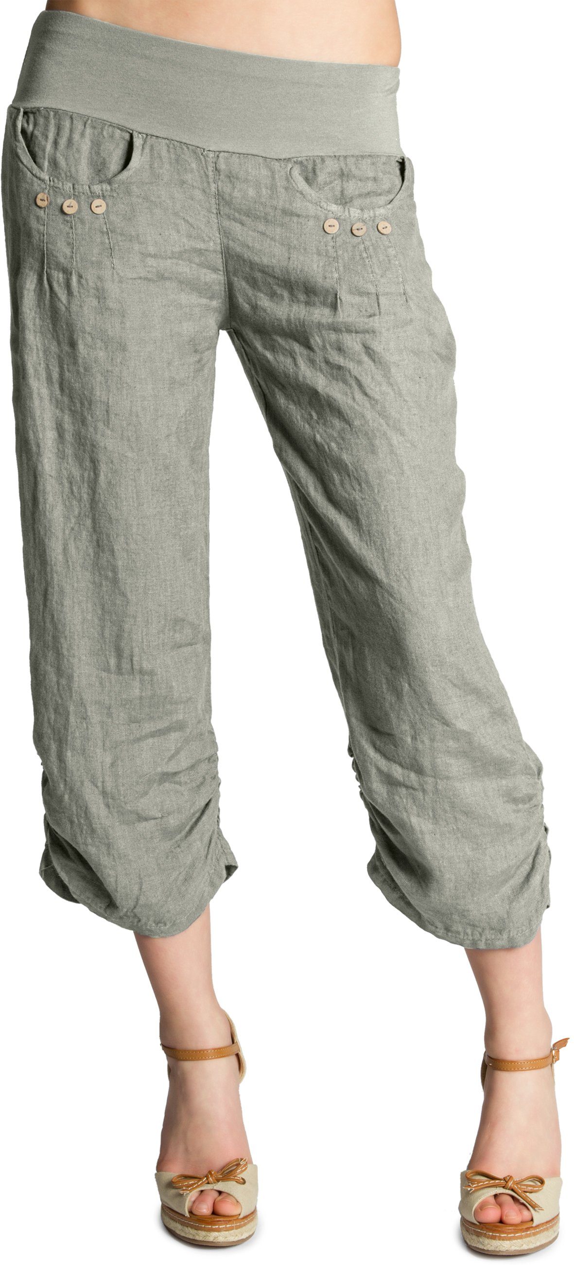 Caspar Leinenhose KHS017 Damen 3/4 Hose aus robustem Leinen mit breitem Stretch Bund - Made in Italy