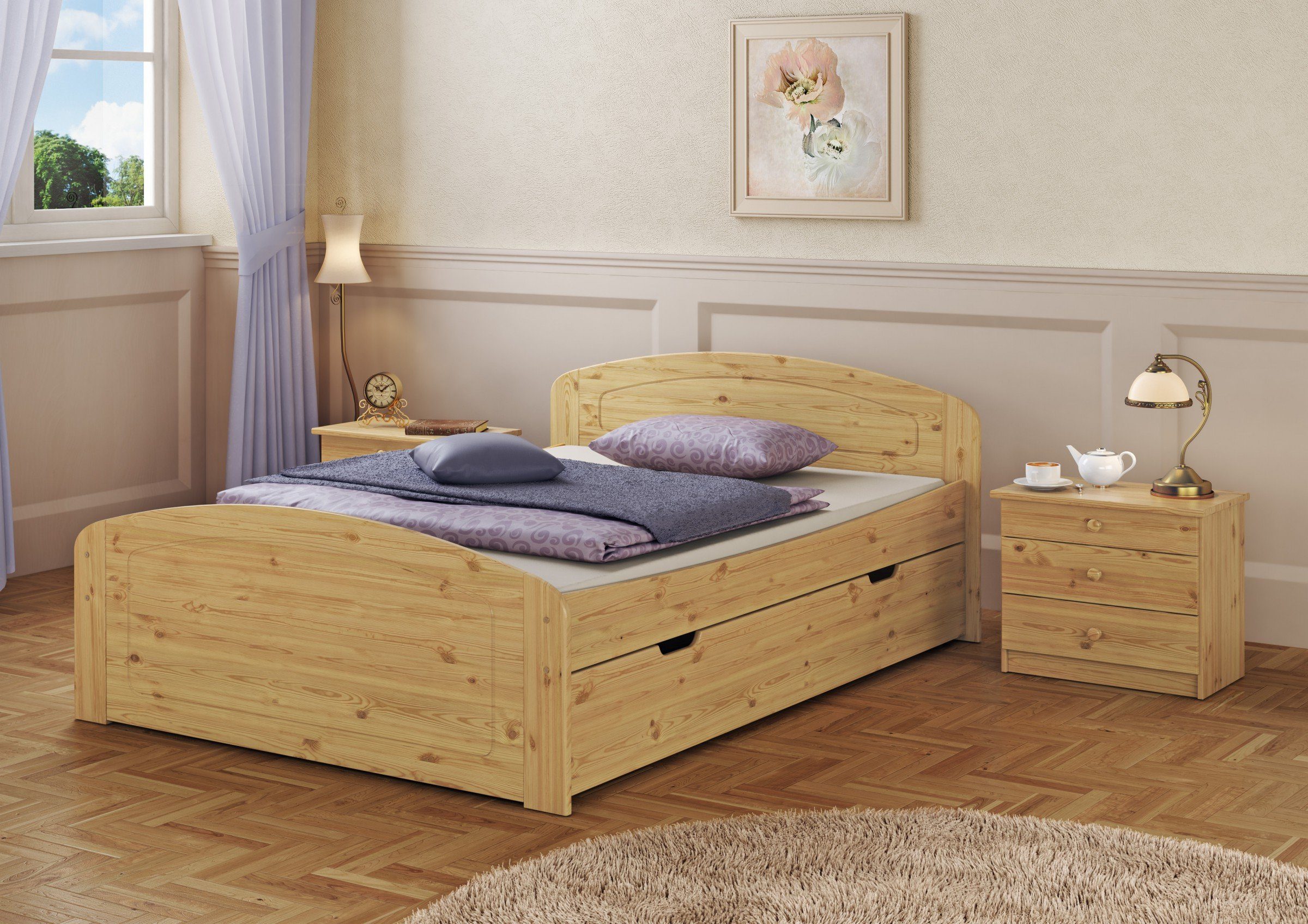 3 natur lackiert Doppelbett Bettkästen, Kieferfarblos Bett Kiefer 160x200 Rost ERST-HOLZ ohne +