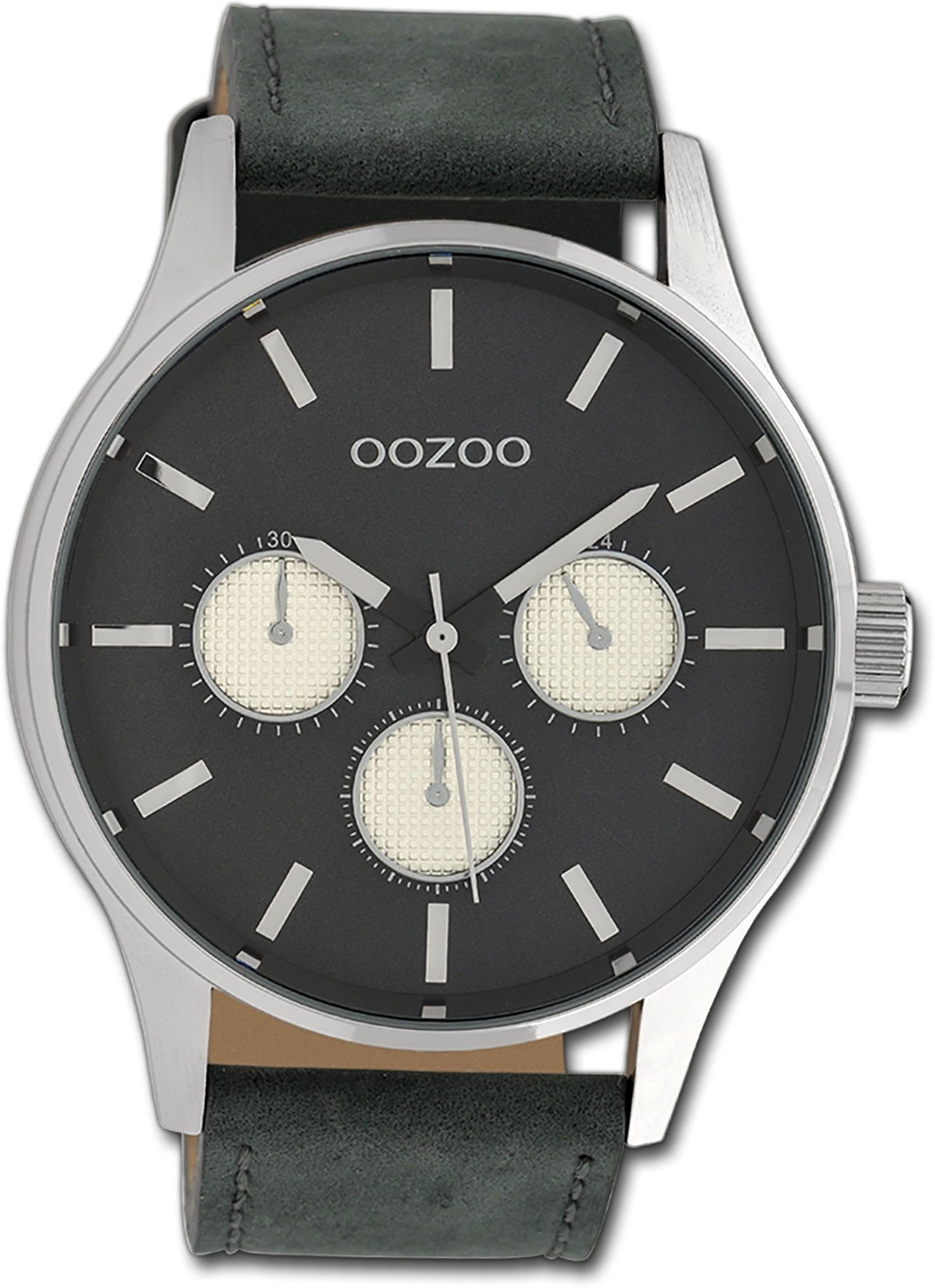 OOZOO Quarzuhr Oozoo Herren Armbanduhr Timepieces, Herrenuhr Lederarmband schwarz, rundes Gehäuse, extra groß (ca. 48mm)