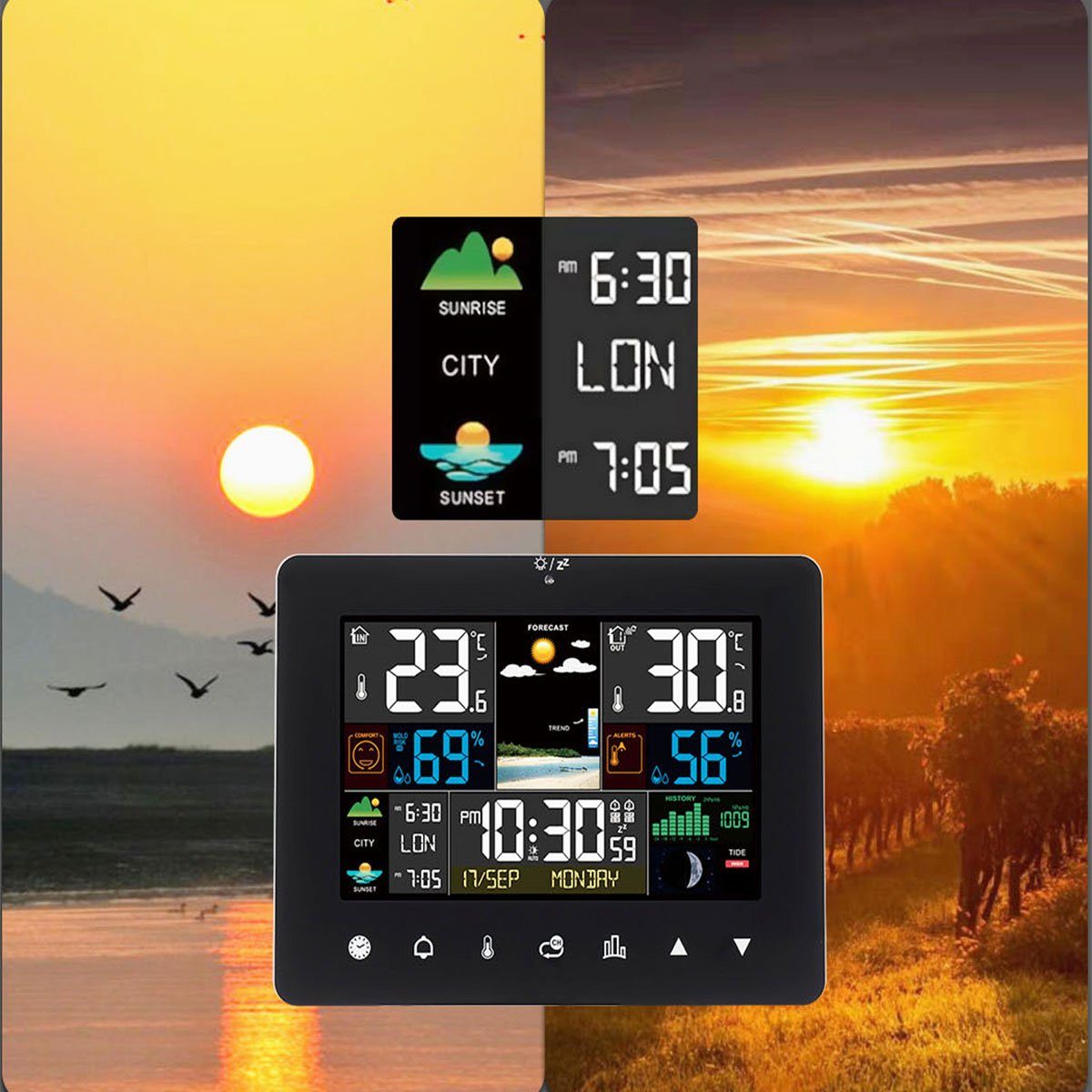 oyajia LED Wetterstation mit Funk-Außensensor, mit Kalender Wetterstation Hygrometer Thermometer Farbdisplay) (Kalender